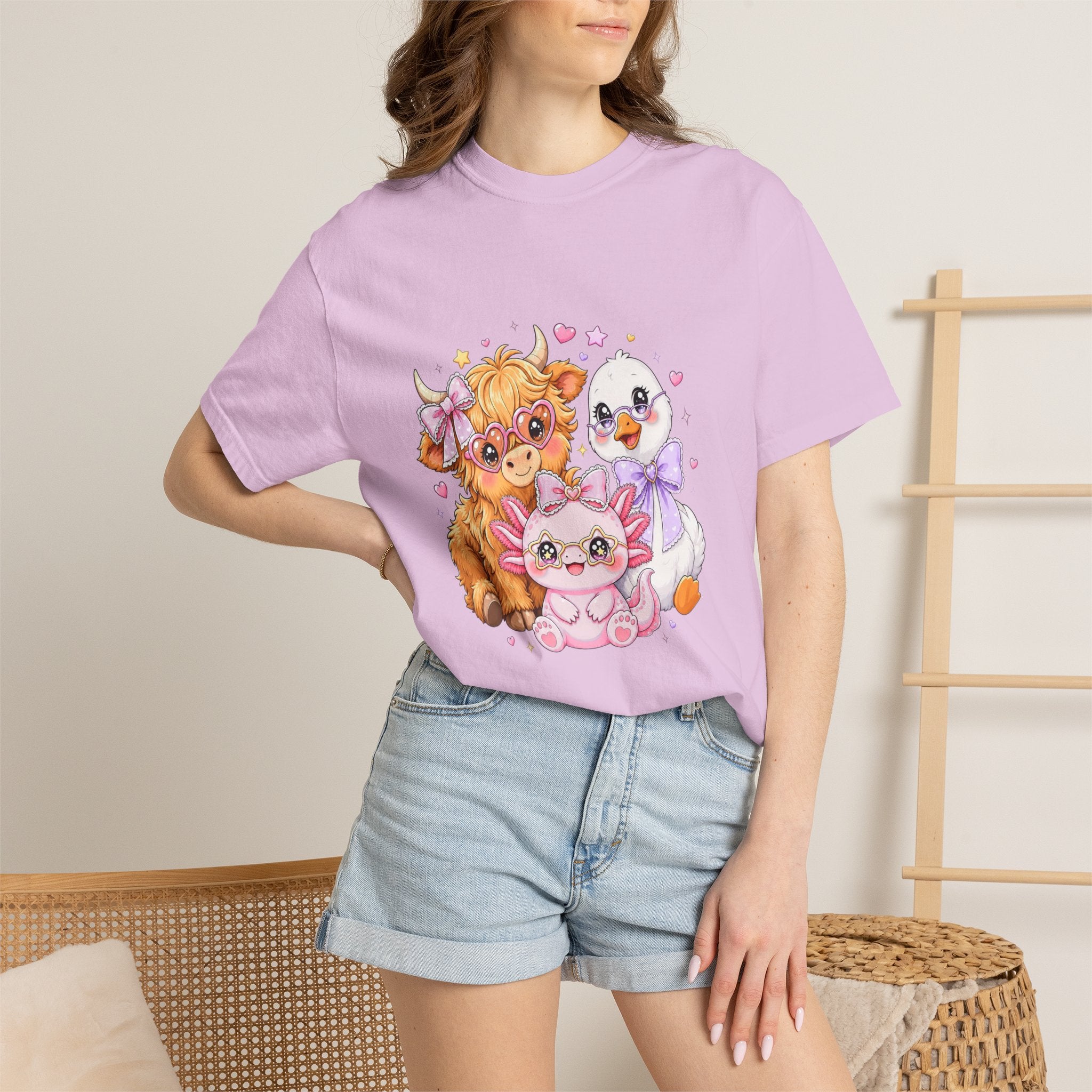 Cute Pastel Farm Animals cow chick kitten T-Shirt | Kawaii trio illustration| Gift for Her
