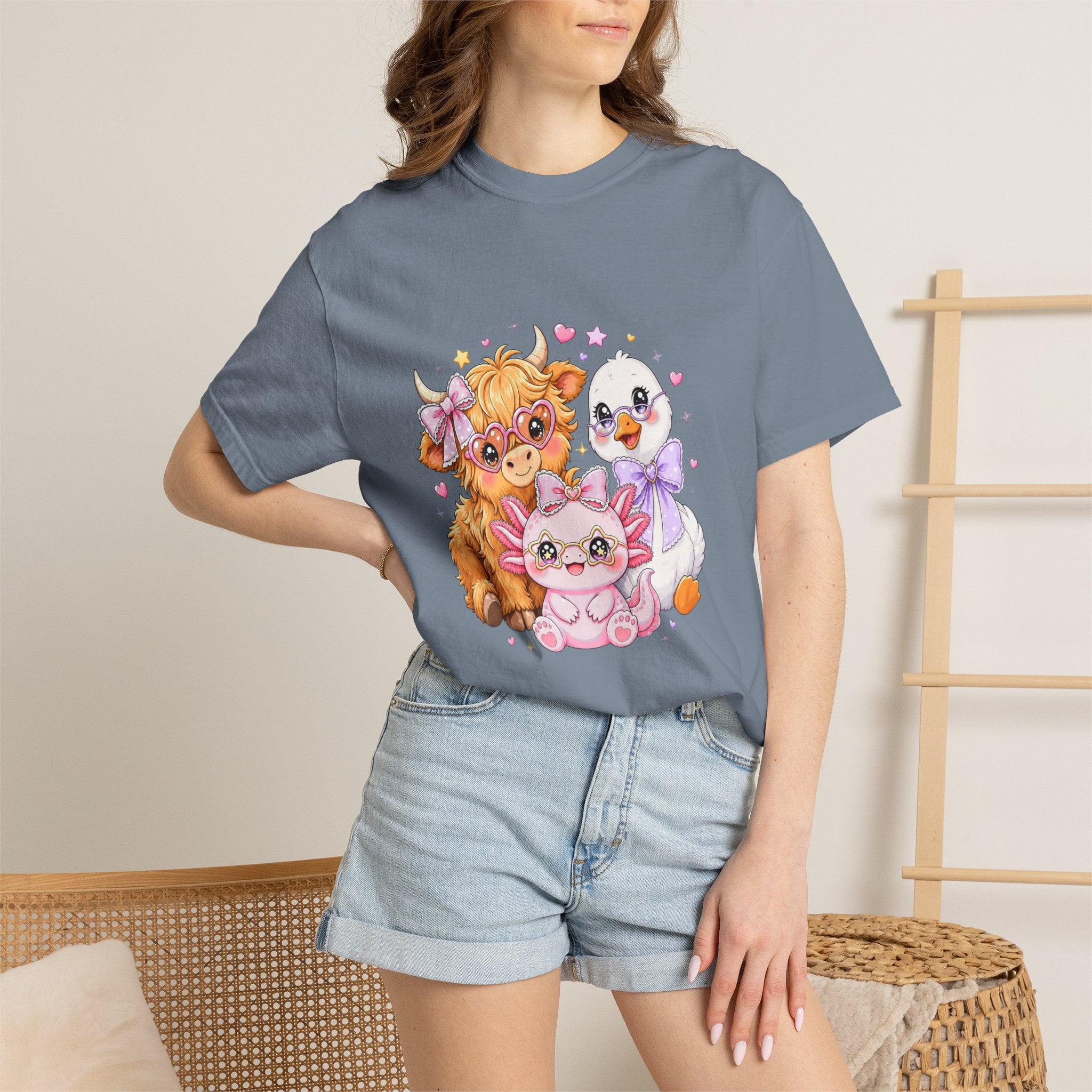 Cute Pastel Farm Animals cow chick kitten T-Shirt | Kawaii trio illustration| Gift for Her