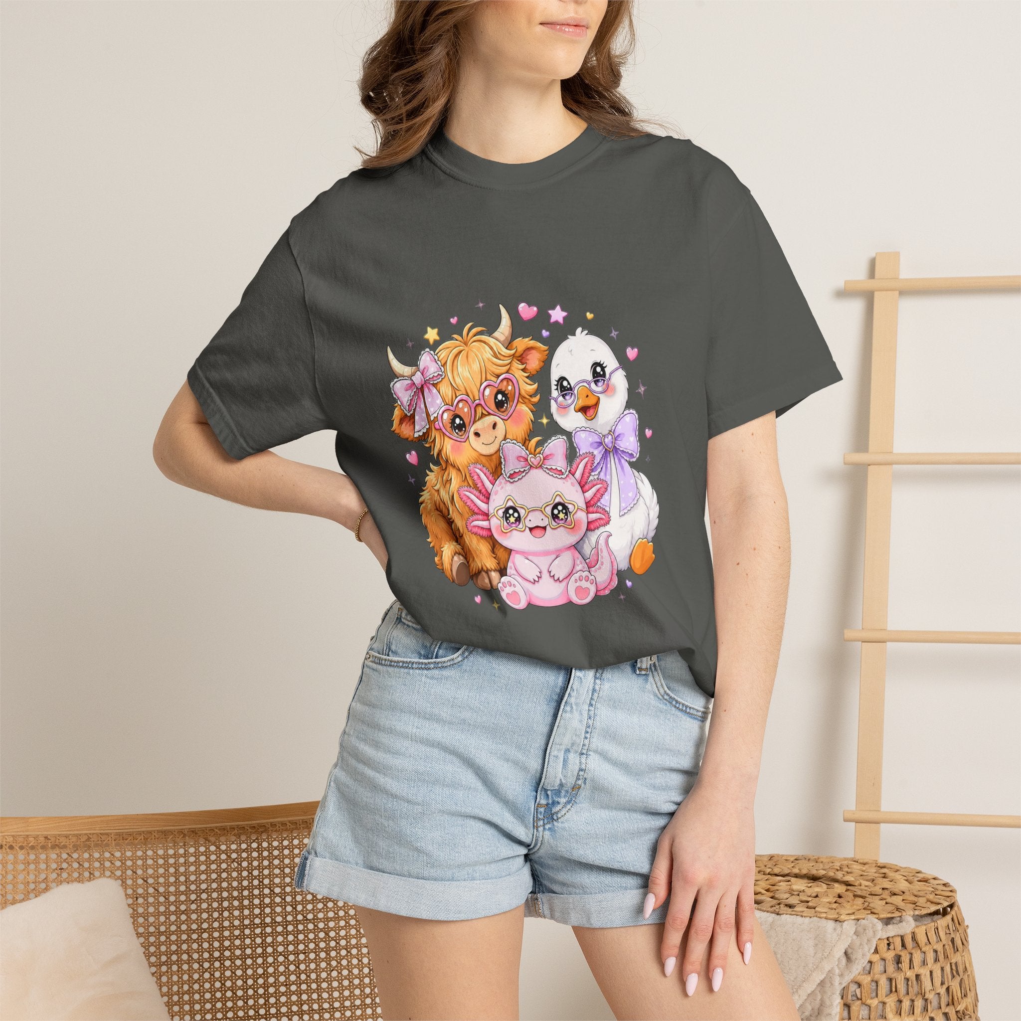 Cute Pastel Farm Animals cow chick kitten T-Shirt | Kawaii trio illustration| Gift for Her