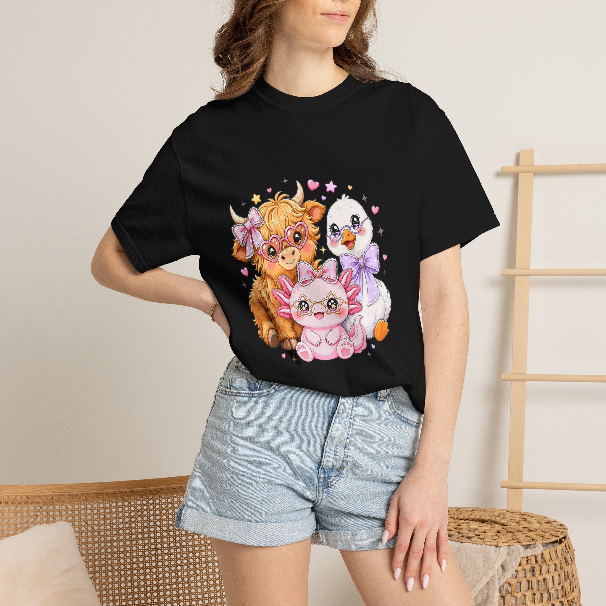 Cute Pastel Farm Animals cow chick kitten T-Shirt | Kawaii trio illustration| Gift for Her