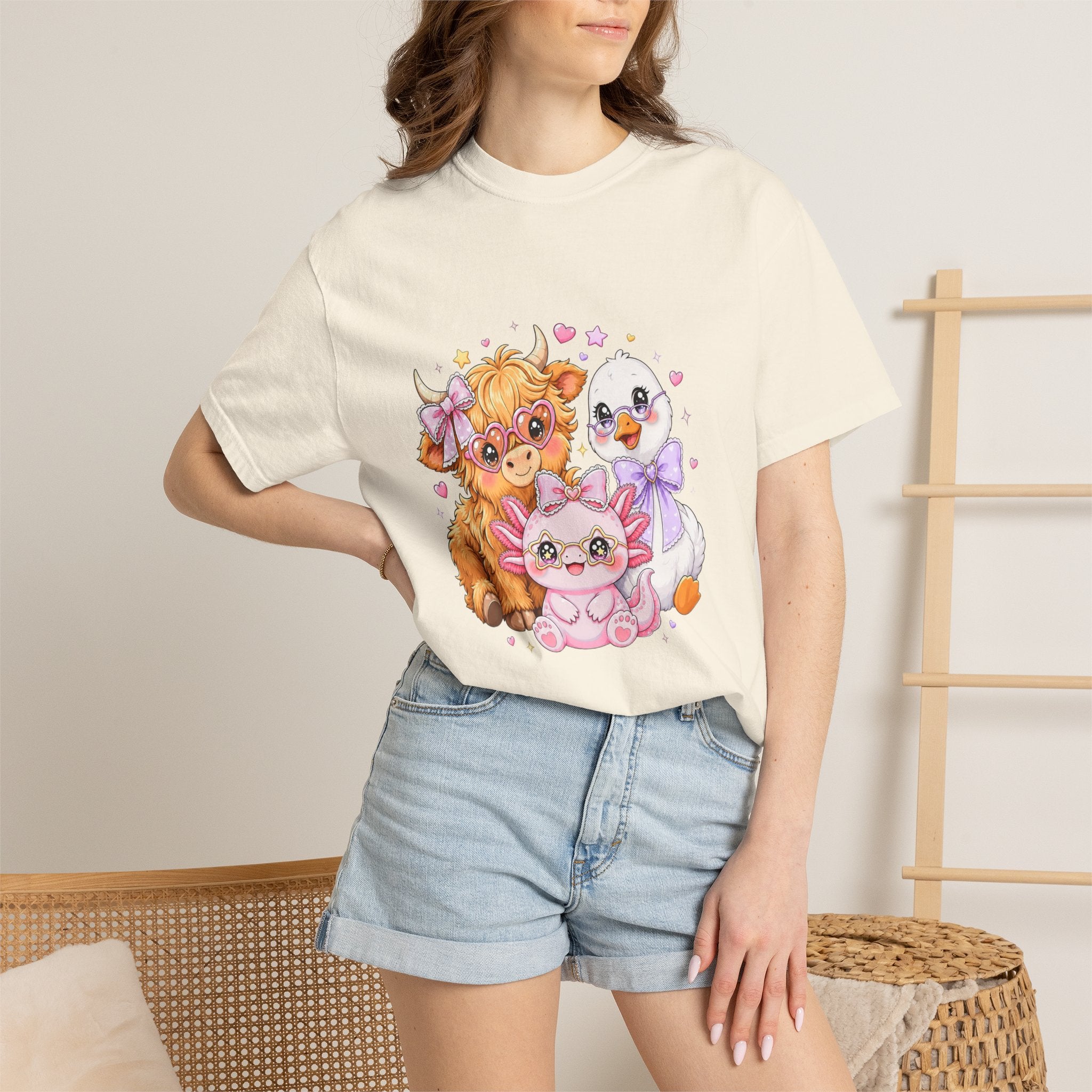 Cute Pastel Farm Animals cow chick kitten T-Shirt | Kawaii trio illustration| Gift for Her