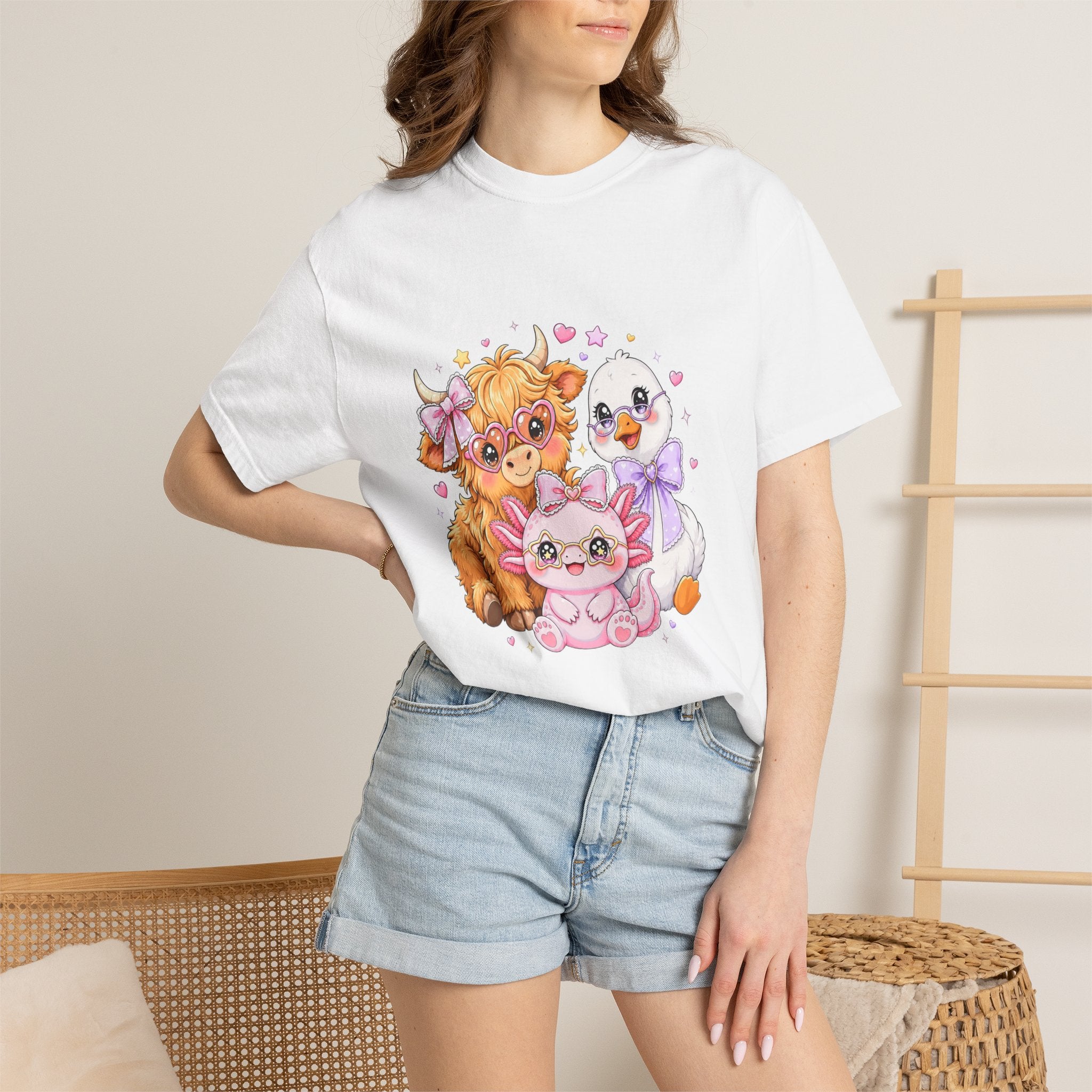 Cute Pastel Farm Animals cow chick kitten T-Shirt | Kawaii trio illustration| Gift for Her