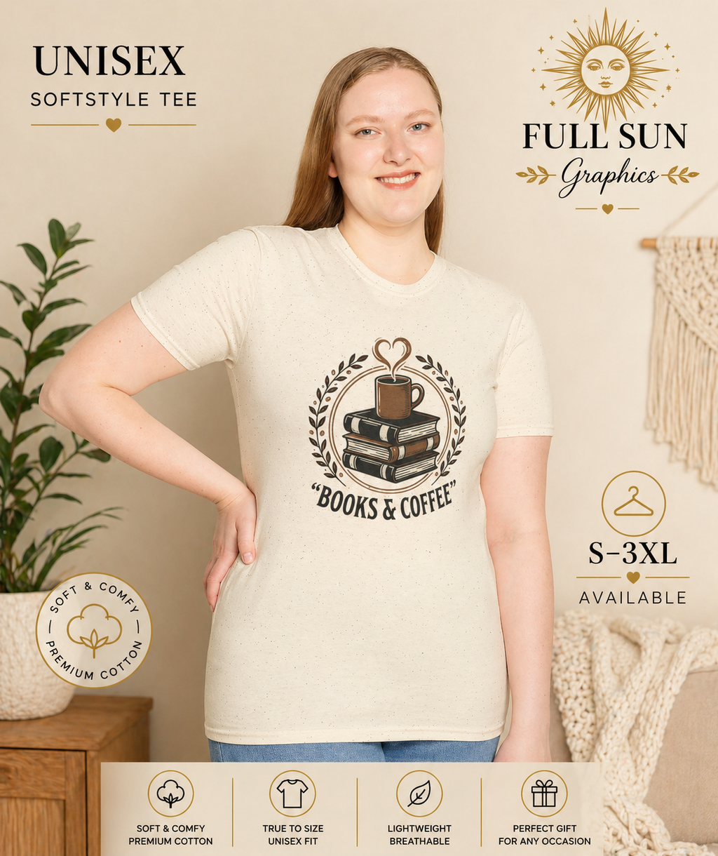 Books & Coffee T-Shirt | Stack of Books with Coffee Mug, Reading Lover Tee