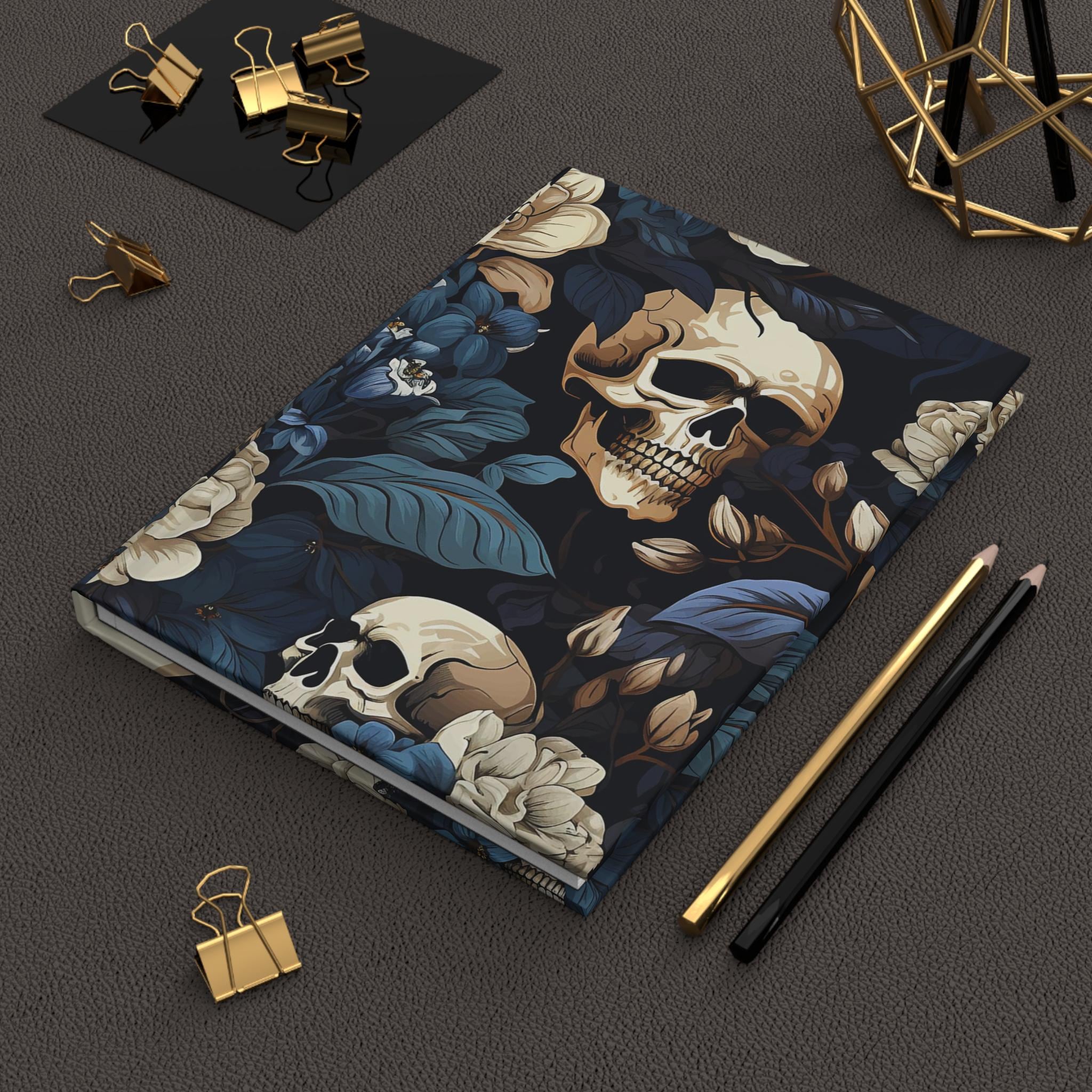 Skull Floral Hardcover Journal | Moody Botanical Notebook, Gothic Dark Floral Diary Gift for Her