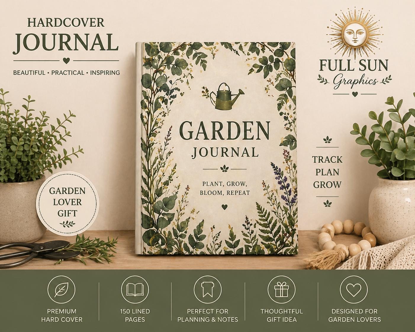 Garden Journal Hardcover Journal for Plants | Botanical Watering Can, Plant Grow Bloom Theme,Plant Lover Gift Journal