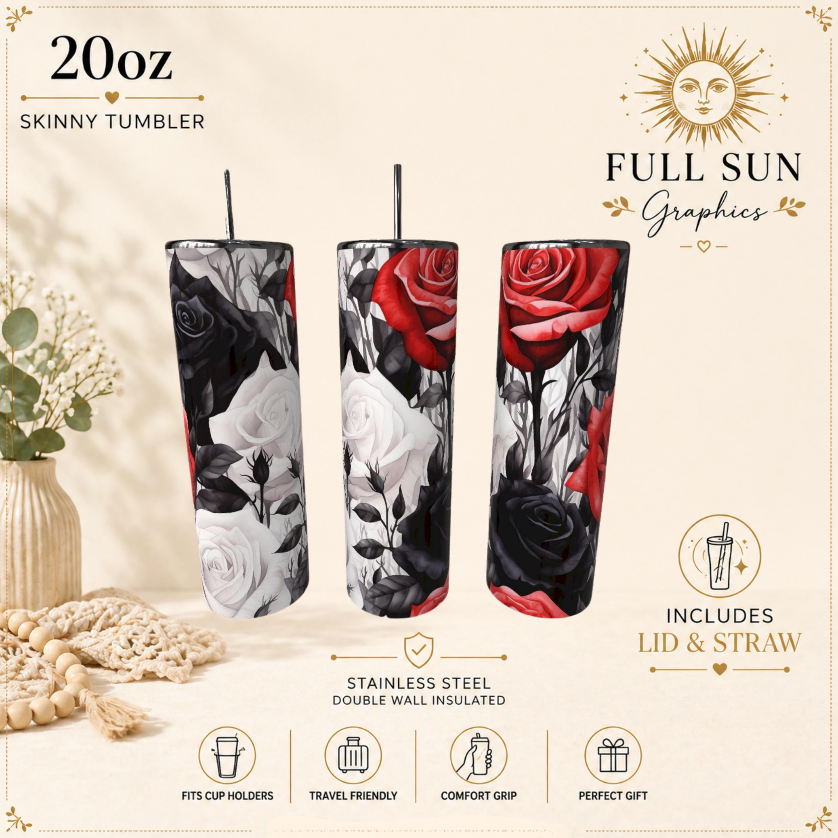 Black Rose Tumbler|20oz/ Tumbler|Coffee Cup