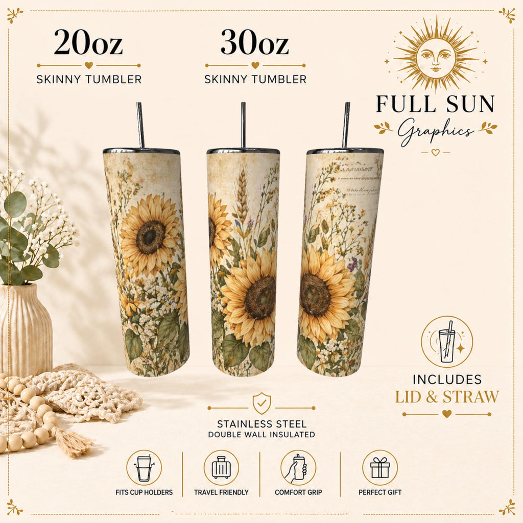 Sunflower Tumbler | Rustic Floral Stainless Steel Insulated Cup (20oz, 30oz)