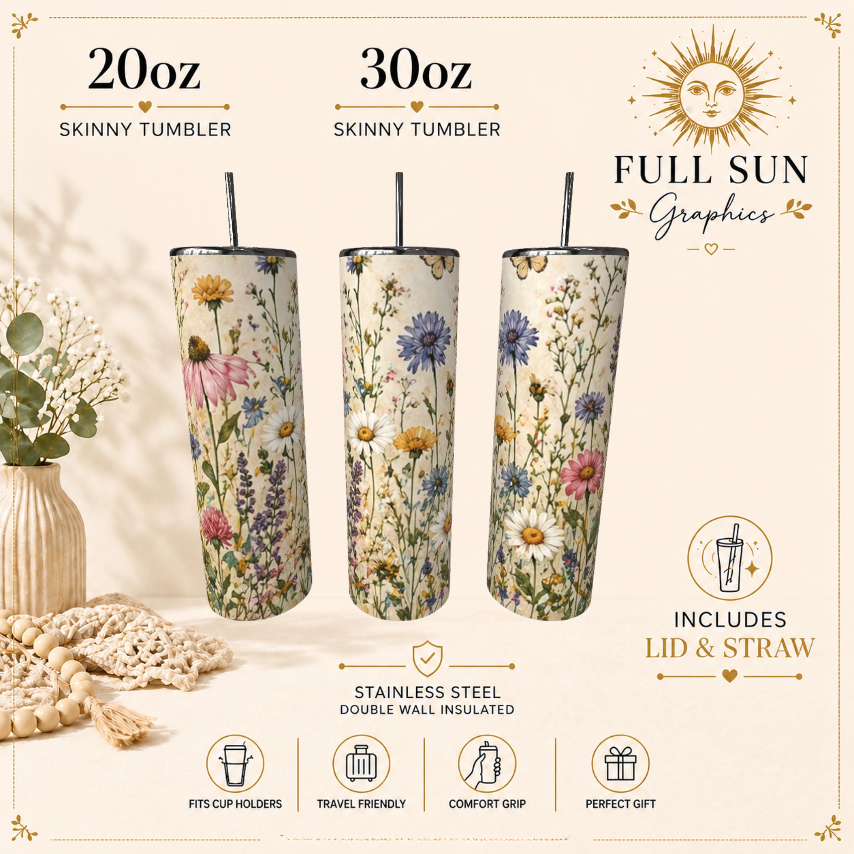 Wildflower Stainless Steel Tumbler, Cottagecore Floral Drinkware, Botanical Travel Cup