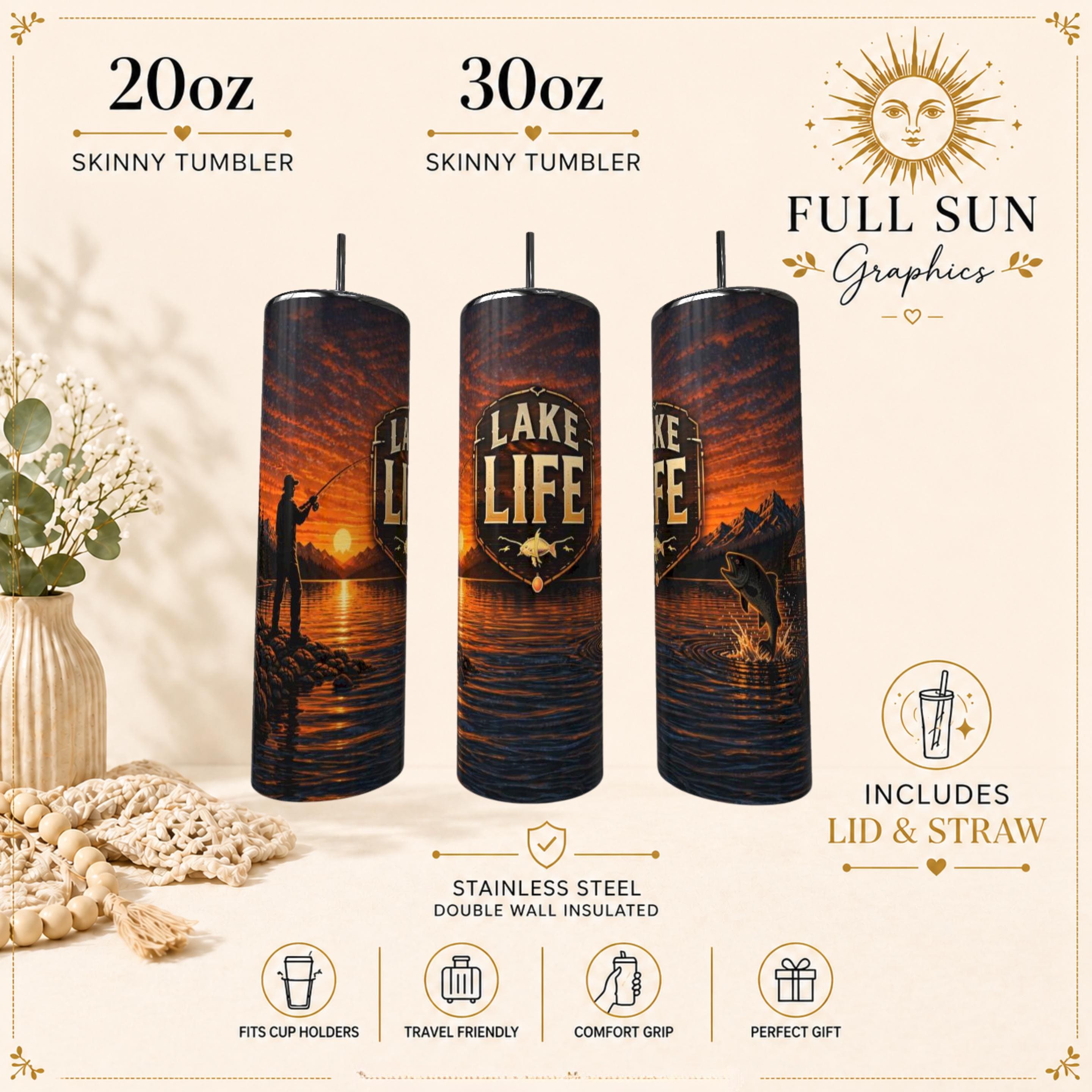 Fishing Tumbler|Sunset Fishing Tumbler, Stainless Steel Lake Life Travel Mug, Outdoor Adventure Gift