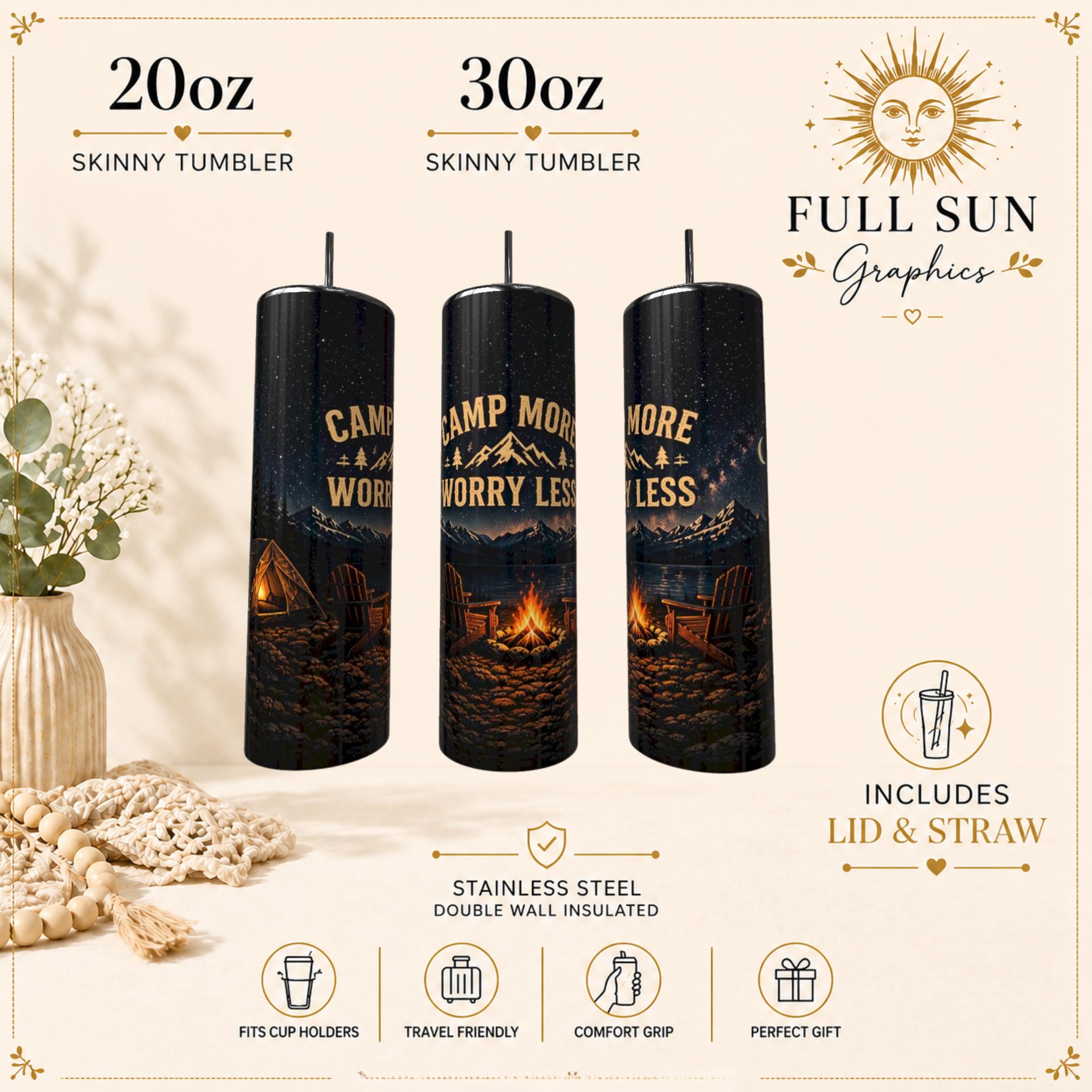 Camping Tumbler|Camp More Worry Less Tumbler, Insulated Stainless Steel Travel Mug, Outdoor Campfire Cup