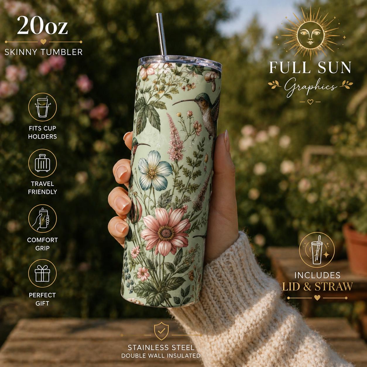 Hummingbird Botanical Floral Skinny Tumbler | Insulated Stainless Steel Cup
