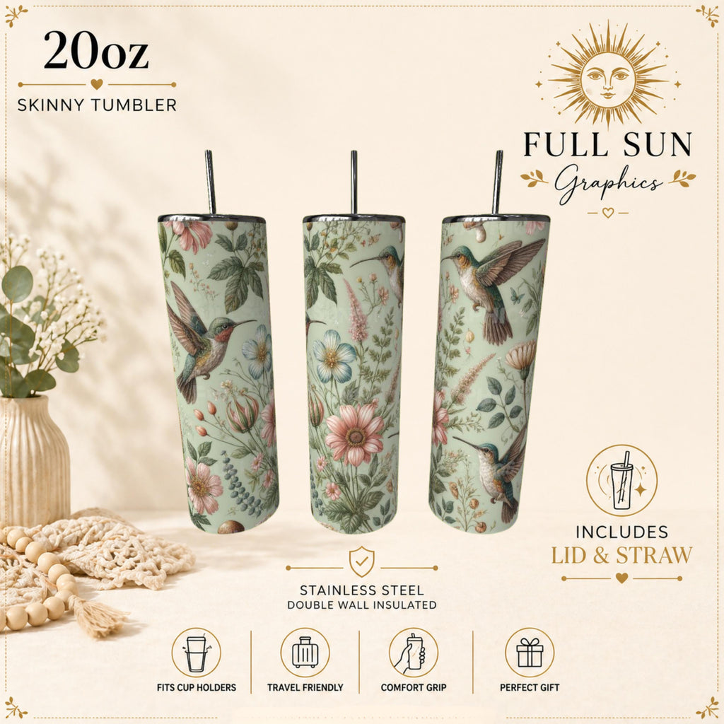 Hummingbird Botanical Floral Skinny Tumbler | Insulated Stainless Steel Cup