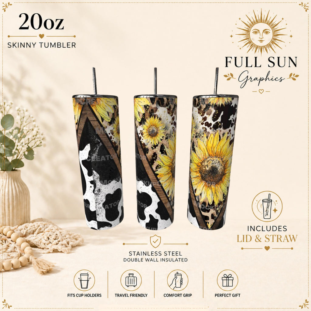 Sunflower Cow Print Skinny Tumbler | Stainless Steel, 20oz