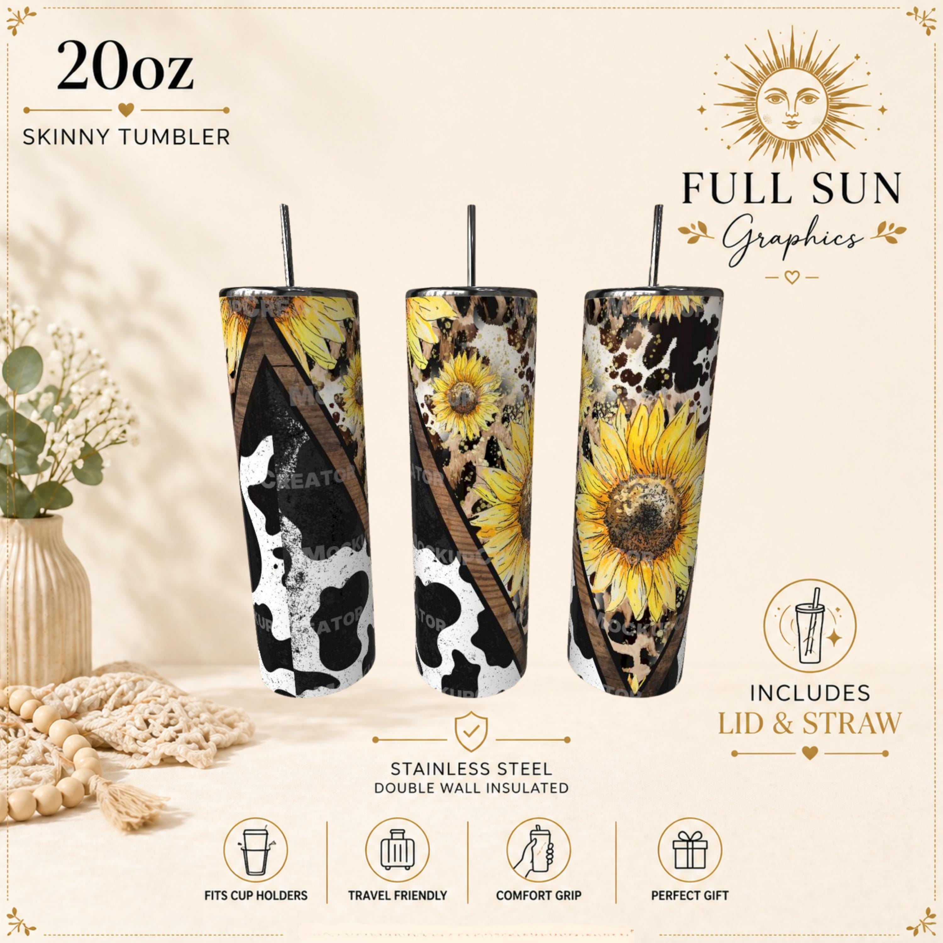Sunflower Cow Print Skinny Tumbler | Stainless Steel, 20oz