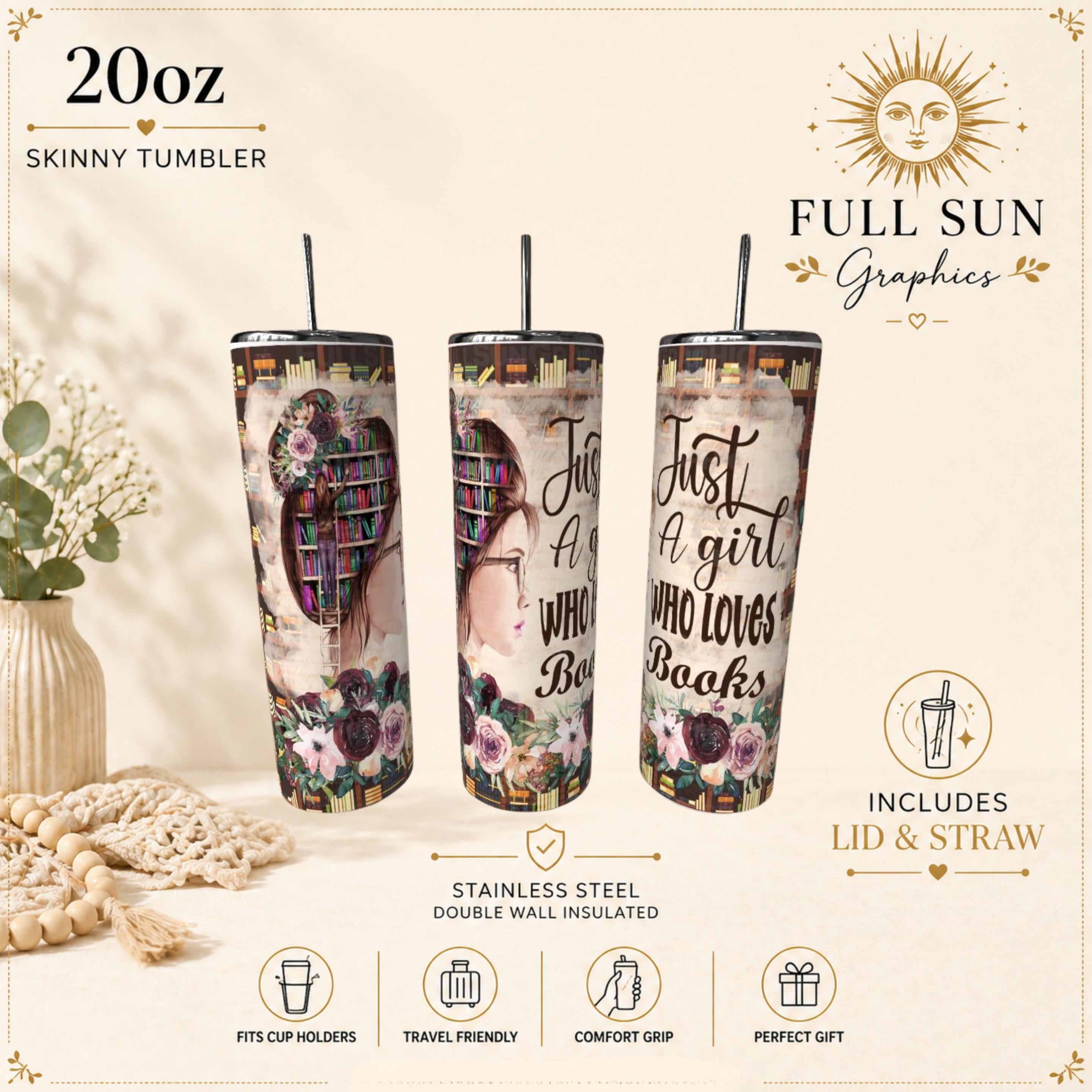 Book Lover Tumbler | Floral Reading Girl, Librarian Gift