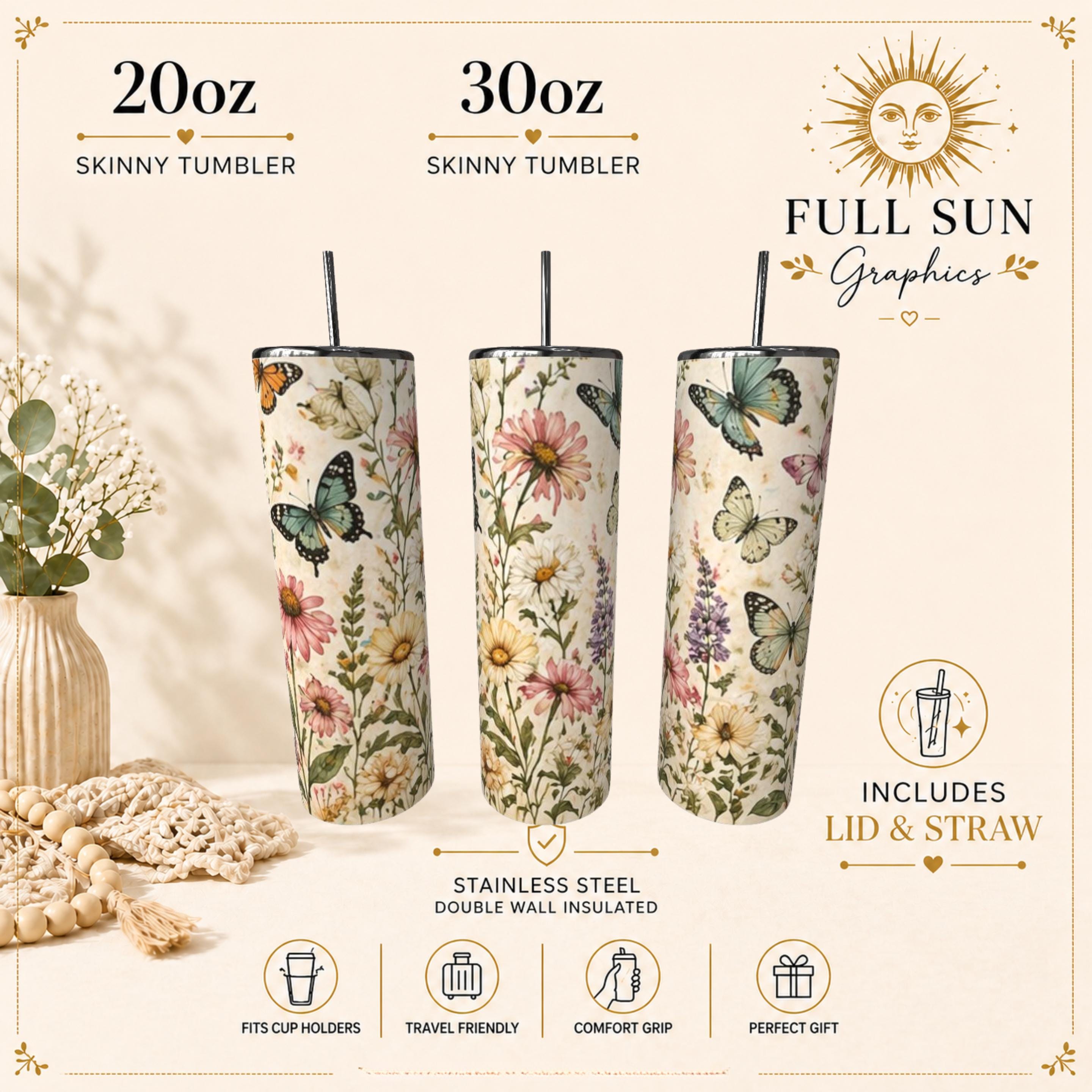 Butterfly Wildflower Stainless Steel Tumbler, Cottagecore Boho Nature Drinkware