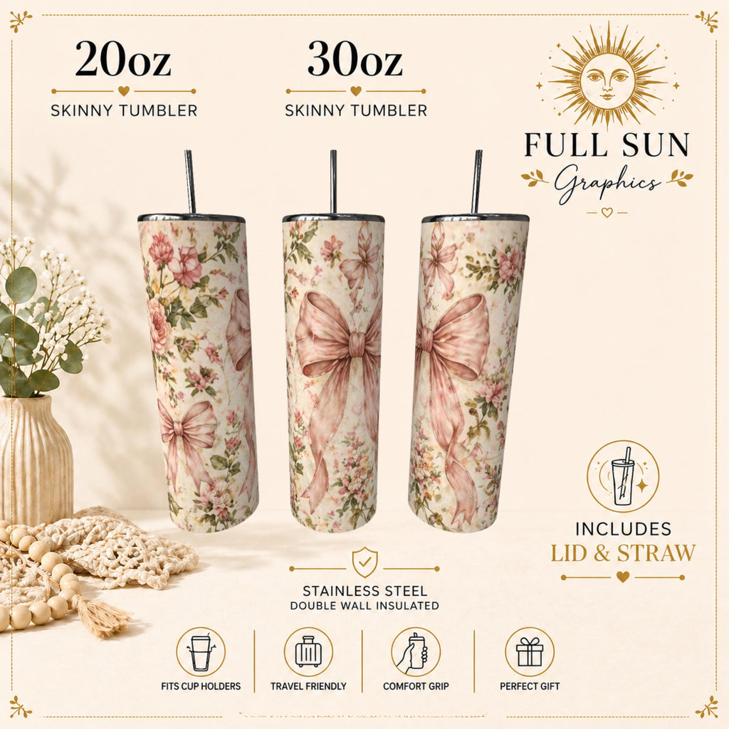 Floral Bow Tumbler | Pink Vintage Coquette Style Stainless Steel Travel Mug