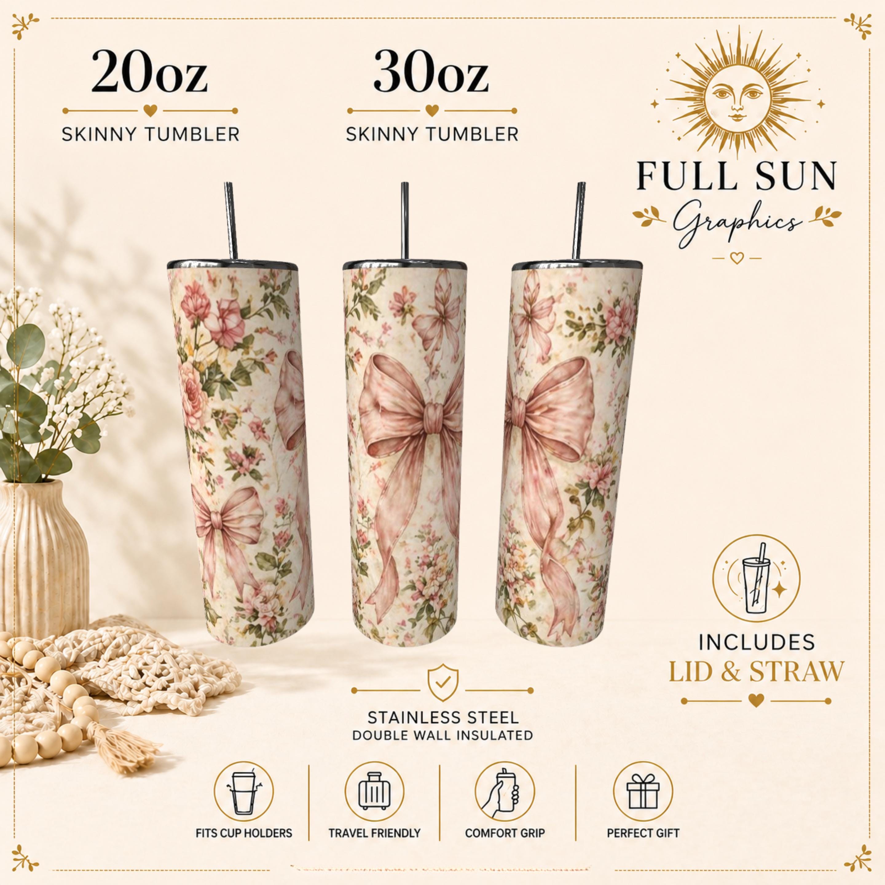 Floral Bow Tumbler | Pink Vintage Coquette Style Stainless Steel Travel Mug