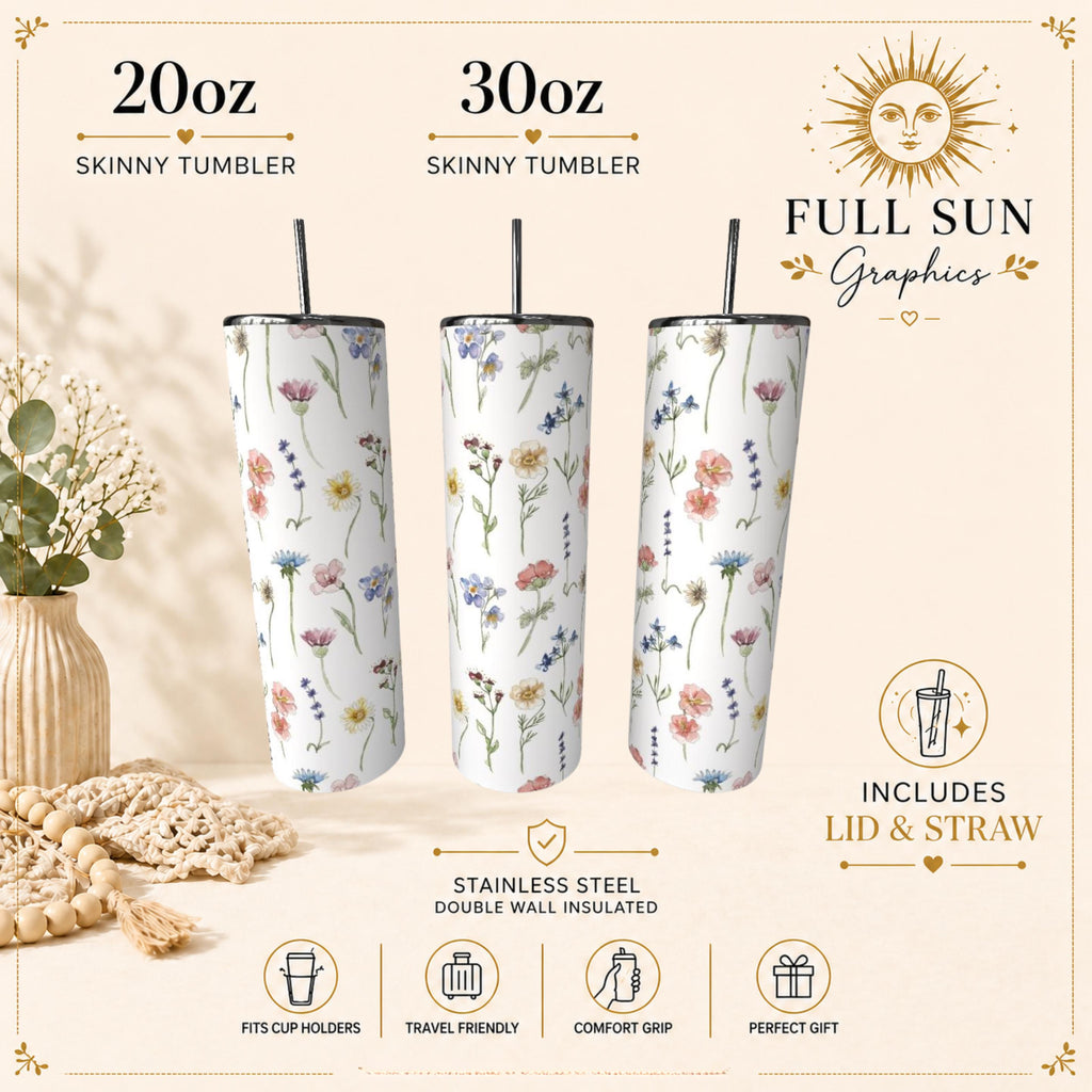 Wildflower Skinny Tumbler, Floral Summer Drinkware, Cottagecore Nature Lover Cup|Fathers Day