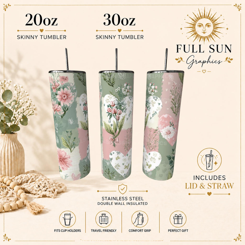 Floral Heart Stainless Steel Tumbler | Pink Sage Botanical Travel Mug