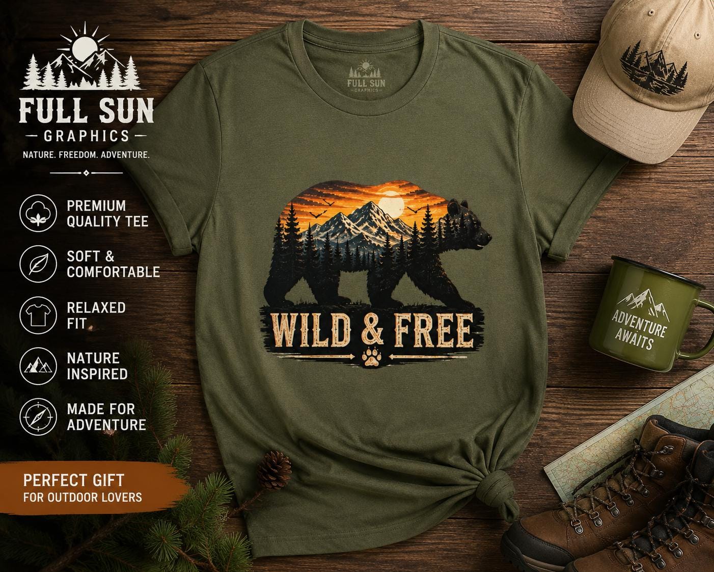 Wild and Free Bear Comfort Colors Shirt Camping Tee Outdoor Adventure Gift for Her Nature Lover