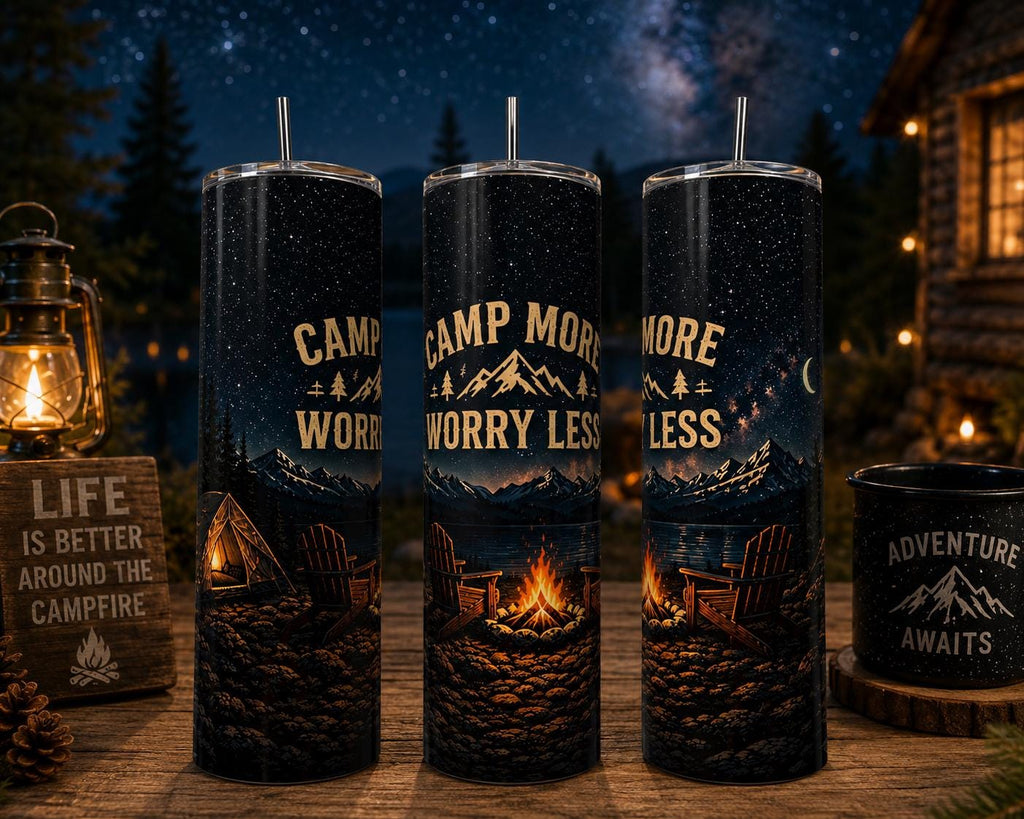 Camping Tumbler|Camp More Worry Less Tumbler, Insulated Stainless Steel Travel Mug, Outdoor Campfire Cup