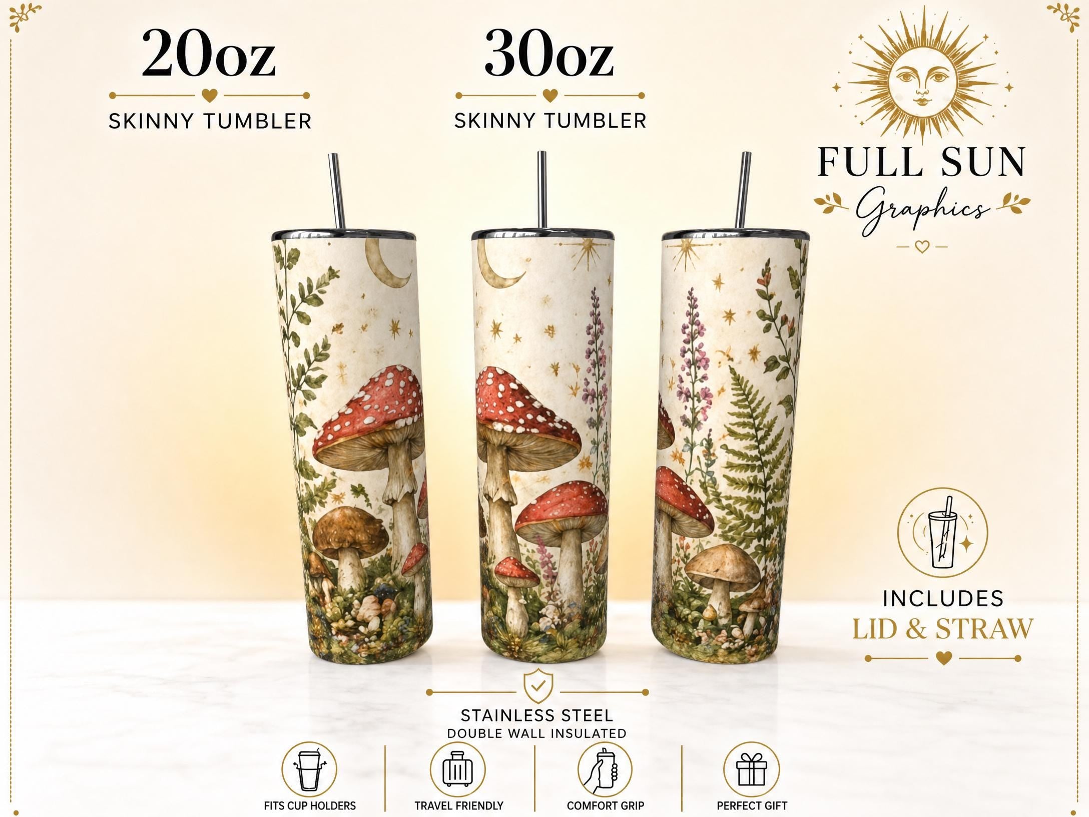 Mushroom Forest Tumbler, Cottagecore Nature Drinkware, Stainless Steel Travel Mug
