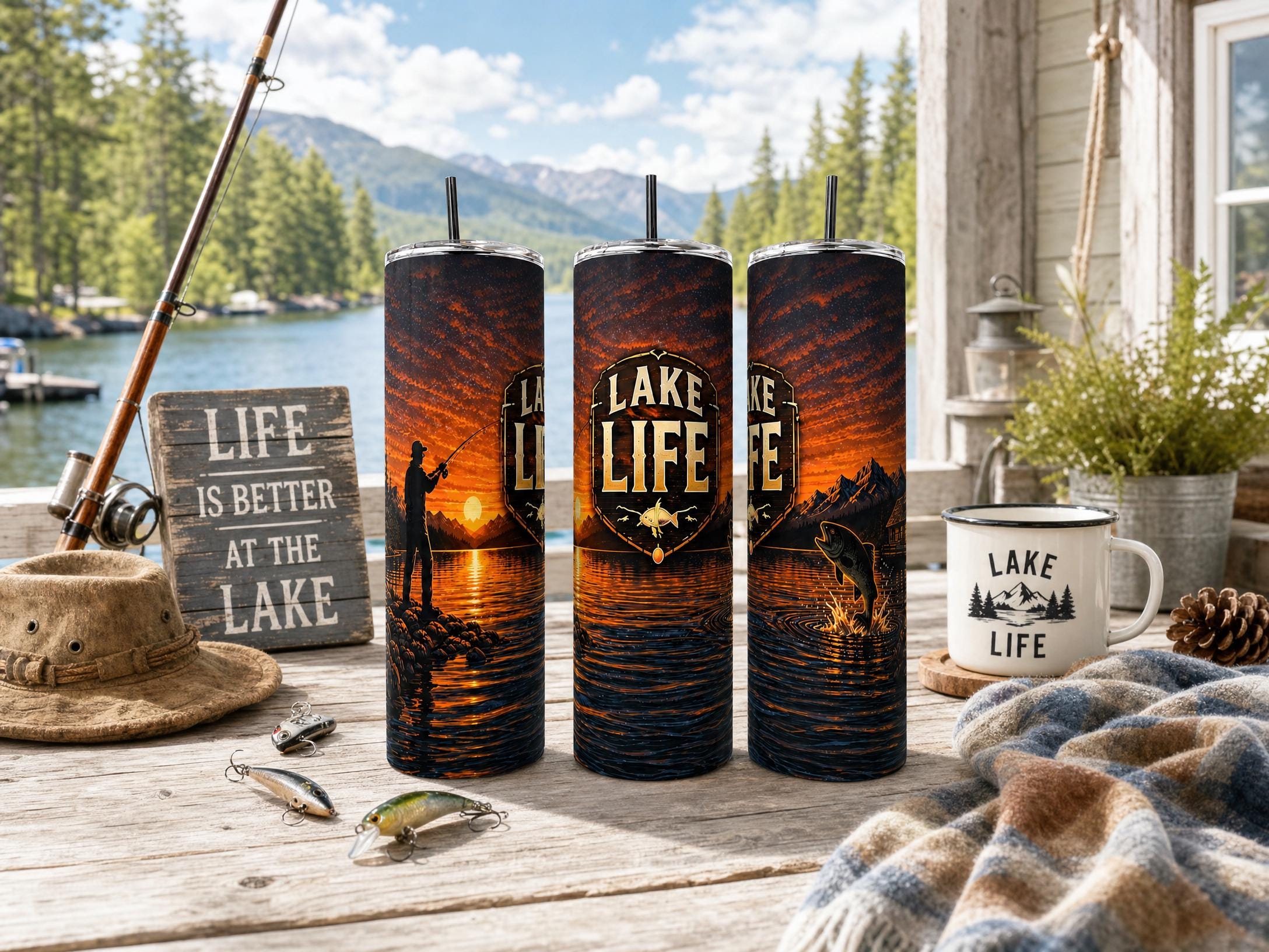Fishing Tumbler|Sunset Fishing Tumbler, Stainless Steel Lake Life Travel Mug, Outdoor Adventure Gift