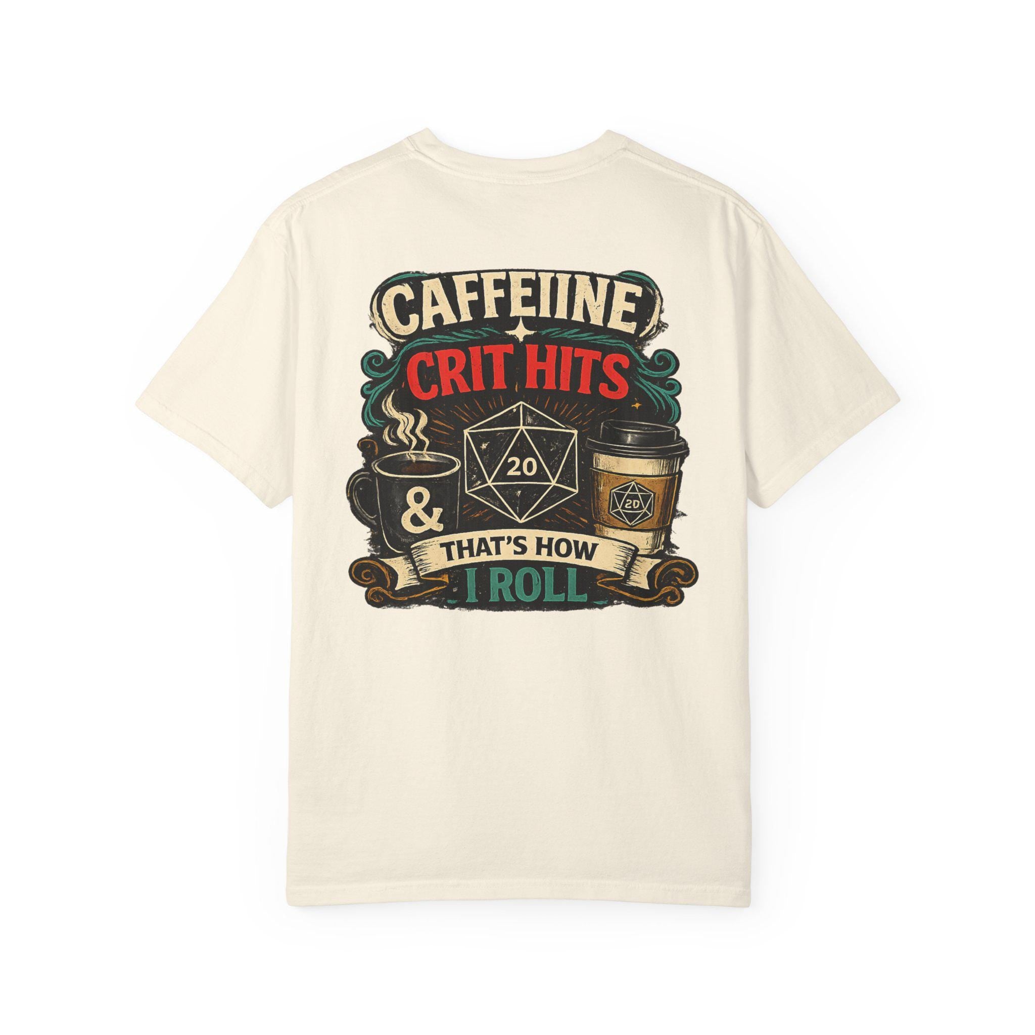 D20 Caffeine Crit Shirt, Funny DnD T-Shirt, Dungeons and Dragons Coffee Tee, Tabletop RPG Gift, DnD Nerd Gamer Shirt for Him