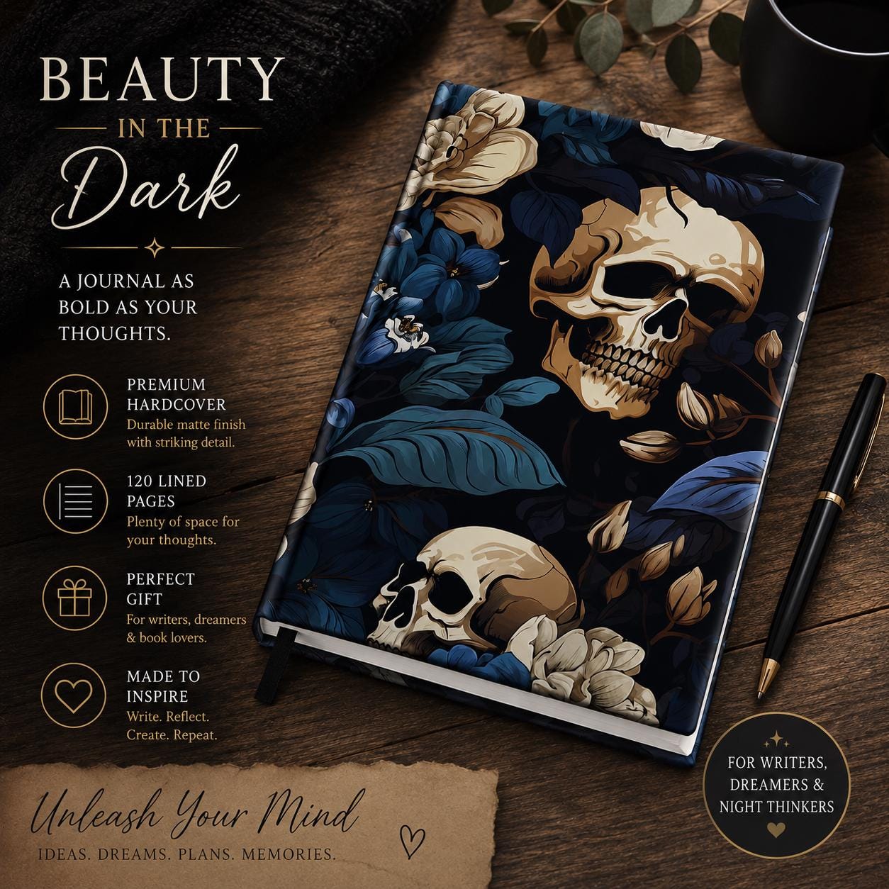 Skull Floral Hardcover Journal | Moody Botanical Notebook, Gothic Dark Floral Diary Gift for Her