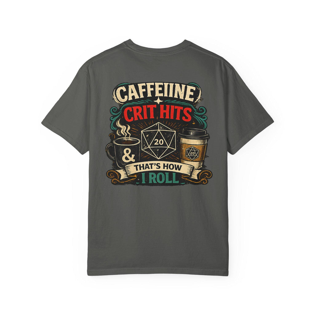 D20 Caffeine Crit Shirt, Funny DnD T-Shirt, Dungeons and Dragons Coffee Tee, Tabletop RPG Gift, DnD Nerd Gamer Shirt for Him