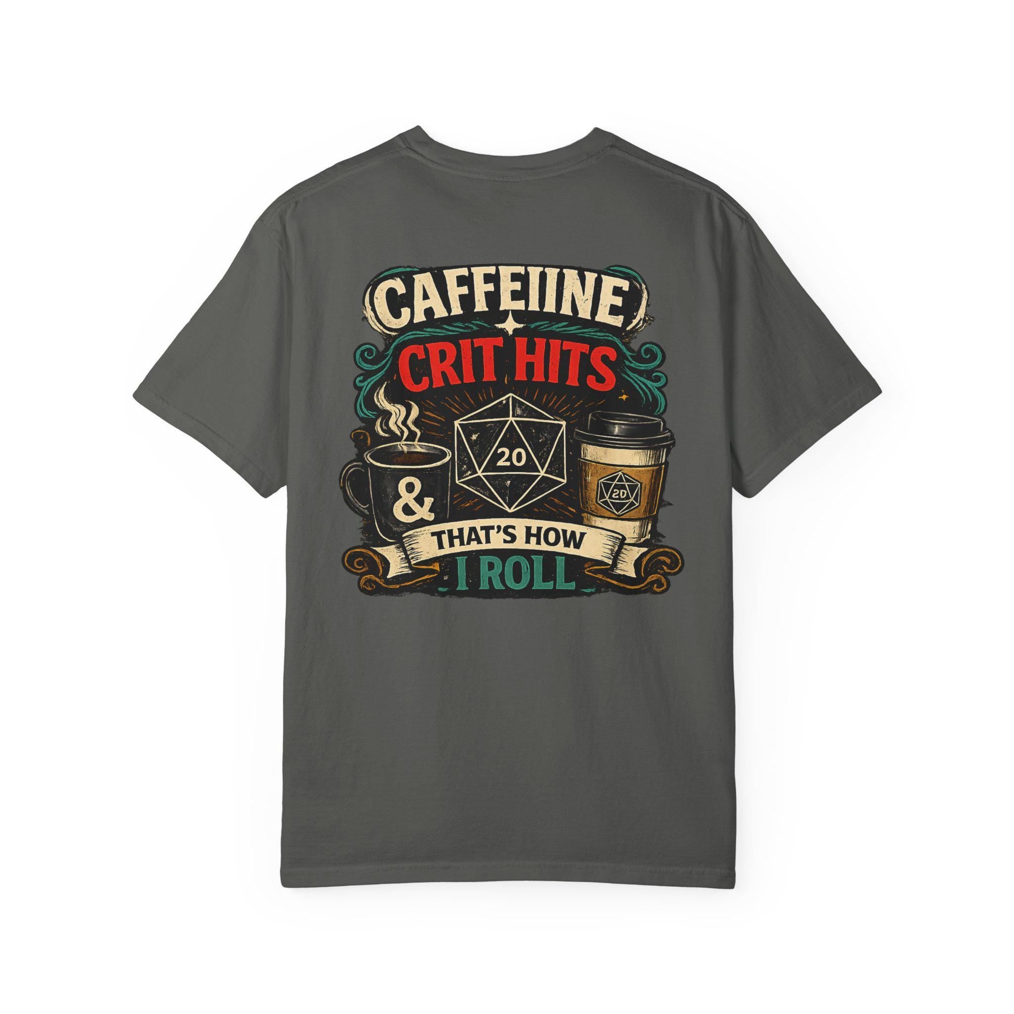 D20 Caffeine Crit Shirt, Funny DnD T-Shirt, Dungeons and Dragons Coffee Tee, Tabletop RPG Gift, DnD Nerd Gamer Shirt for Him