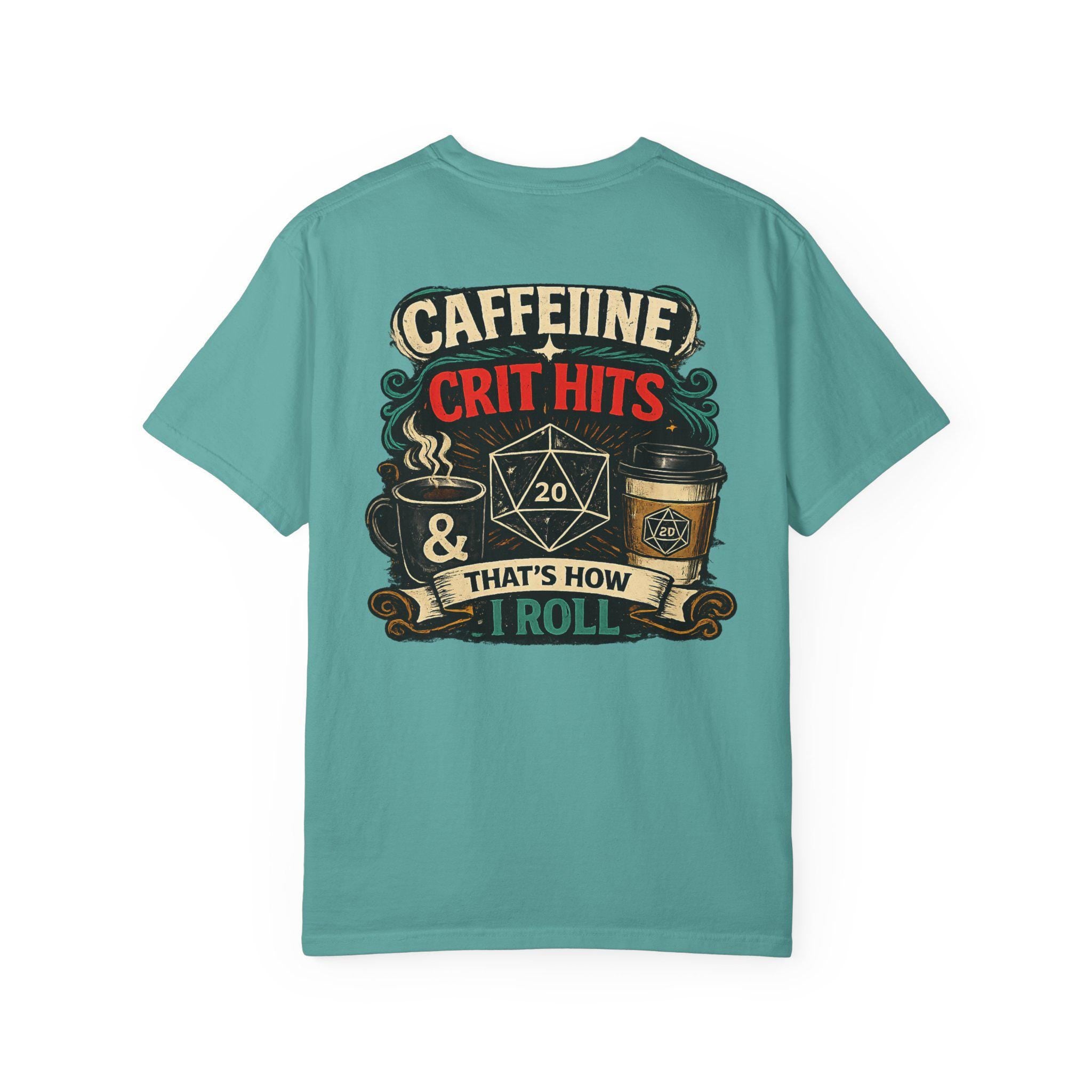 D20 Caffeine Crit Shirt, Funny DnD T-Shirt, Dungeons and Dragons Coffee Tee, Tabletop RPG Gift, DnD Nerd Gamer Shirt for Him