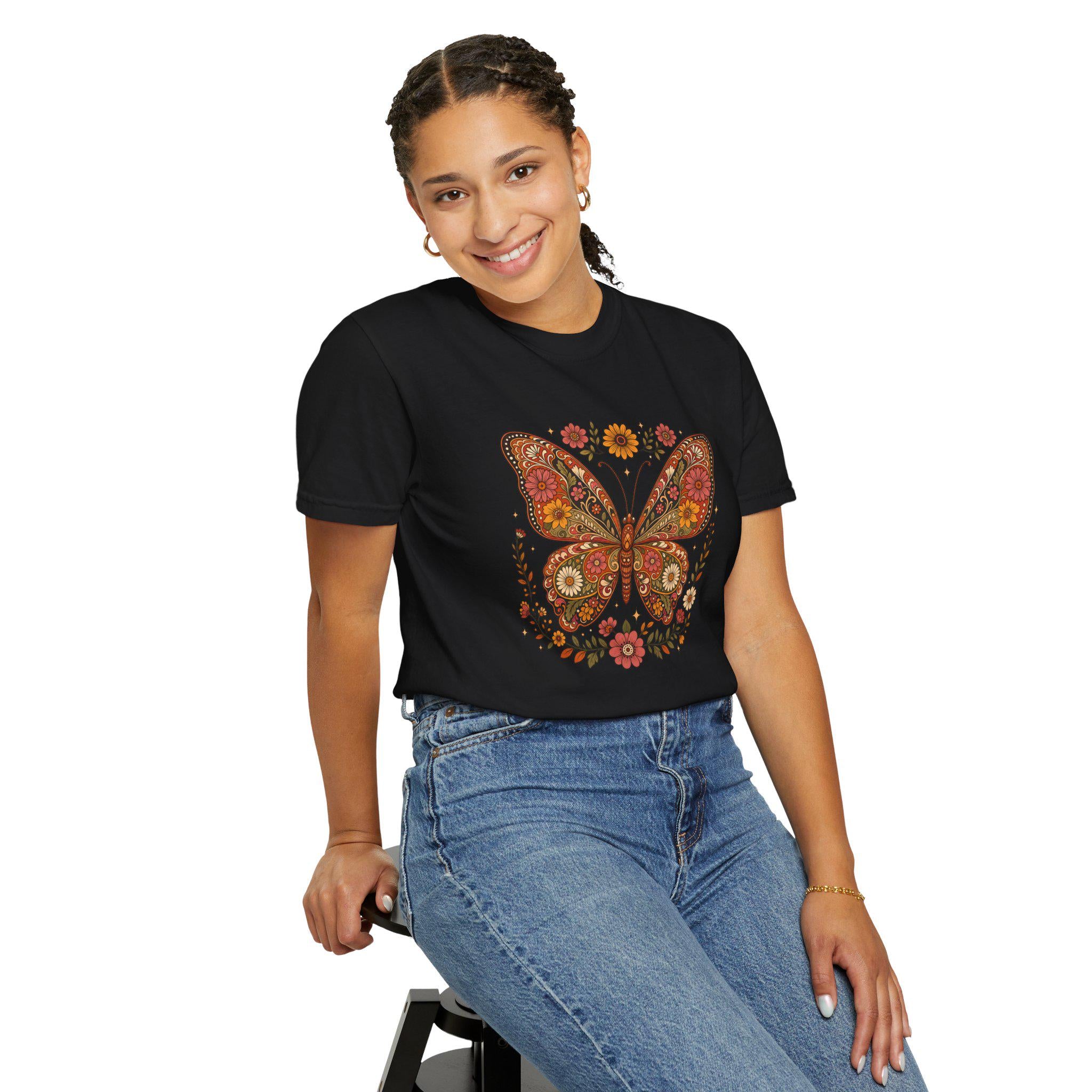 Boho Butterfly Wildflower T-Shirt, Cottagecore Floral Tee, Nature Lover Shirt, Vintage Botanical Comfort Colors Tee, Meadow Gift