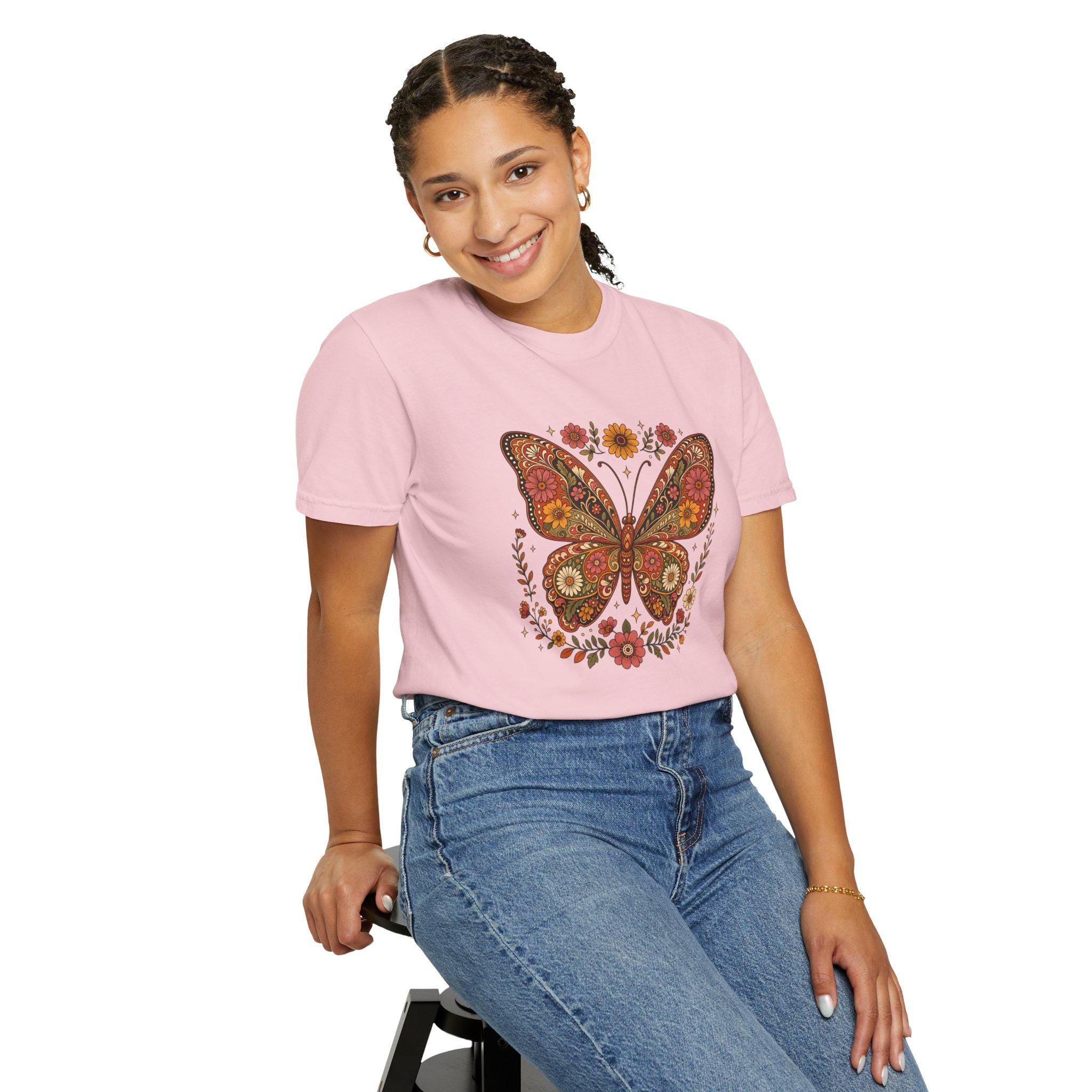 Boho Butterfly Wildflower T-Shirt, Cottagecore Floral Tee, Nature Lover Shirt, Vintage Botanical Comfort Colors Tee, Meadow Gift