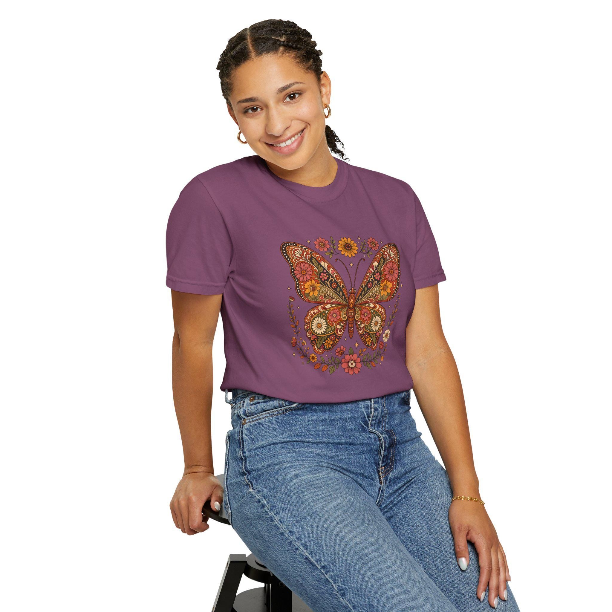 Boho Butterfly Wildflower T-Shirt, Cottagecore Floral Tee, Nature Lover Shirt, Vintage Botanical Comfort Colors Tee, Meadow Gift