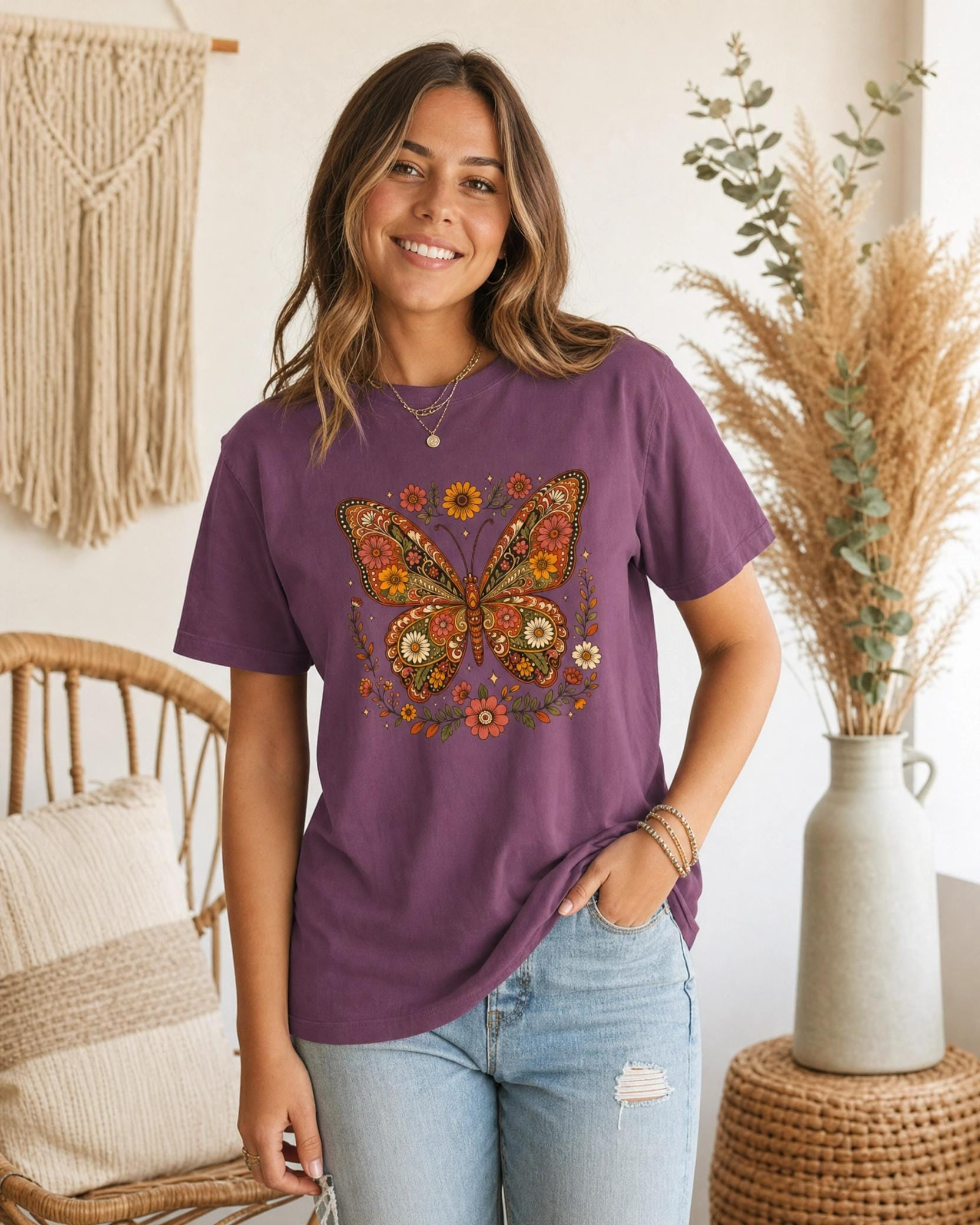 Boho Butterfly Wildflower T-Shirt, Cottagecore Floral Tee, Nature Lover Shirt, Vintage Botanical Comfort Colors Tee, Meadow Gift
