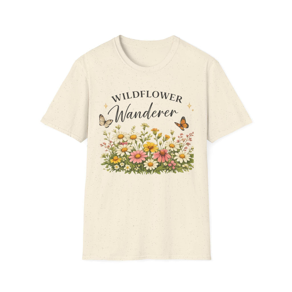 A cream t-shirt with a graphic of colorful wildflowers and butterflies, with the text "WILDFLOWER Wanderer" above, shown flat against a white background.