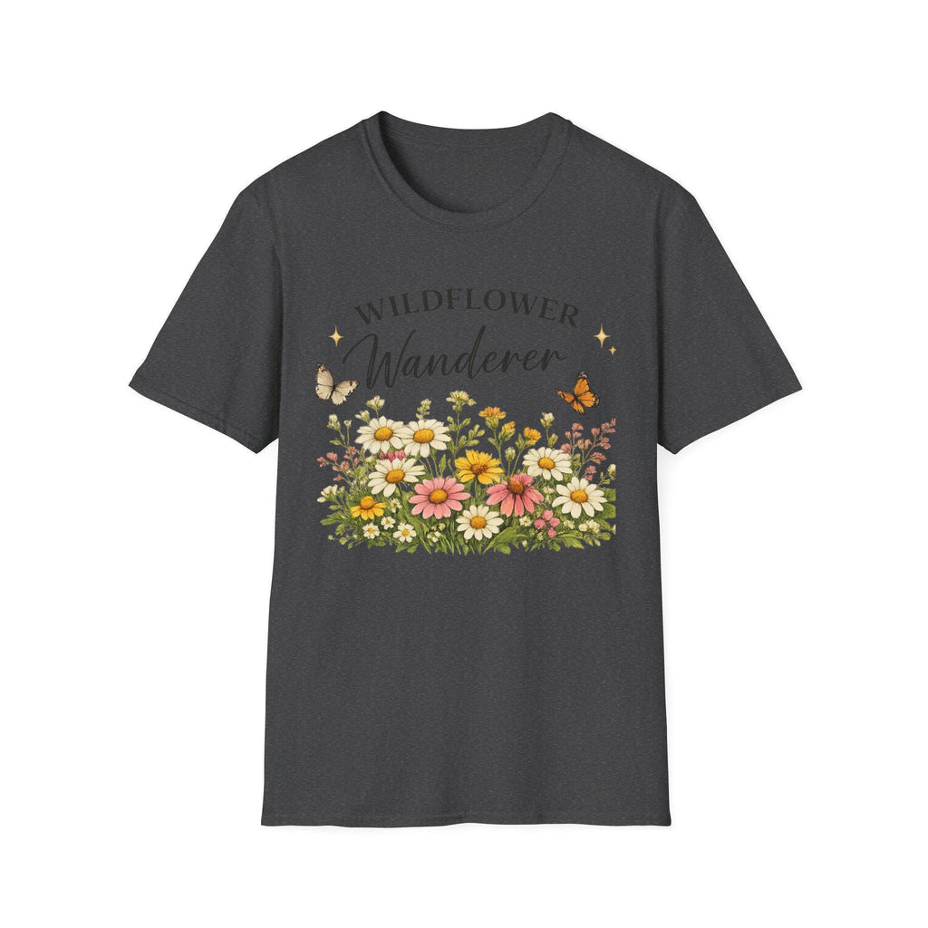A charcoal gray t-shirt with a graphic of colorful wildflowers and butterflies, with the text "WILDFLOWER Wanderer" above, shown flat against a white background.