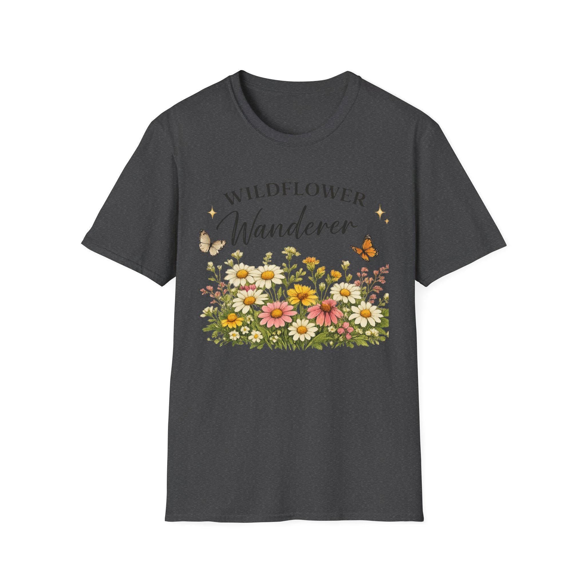 A charcoal gray t-shirt with a graphic of colorful wildflowers and butterflies, with the text "WILDFLOWER Wanderer" above, shown flat against a white background.