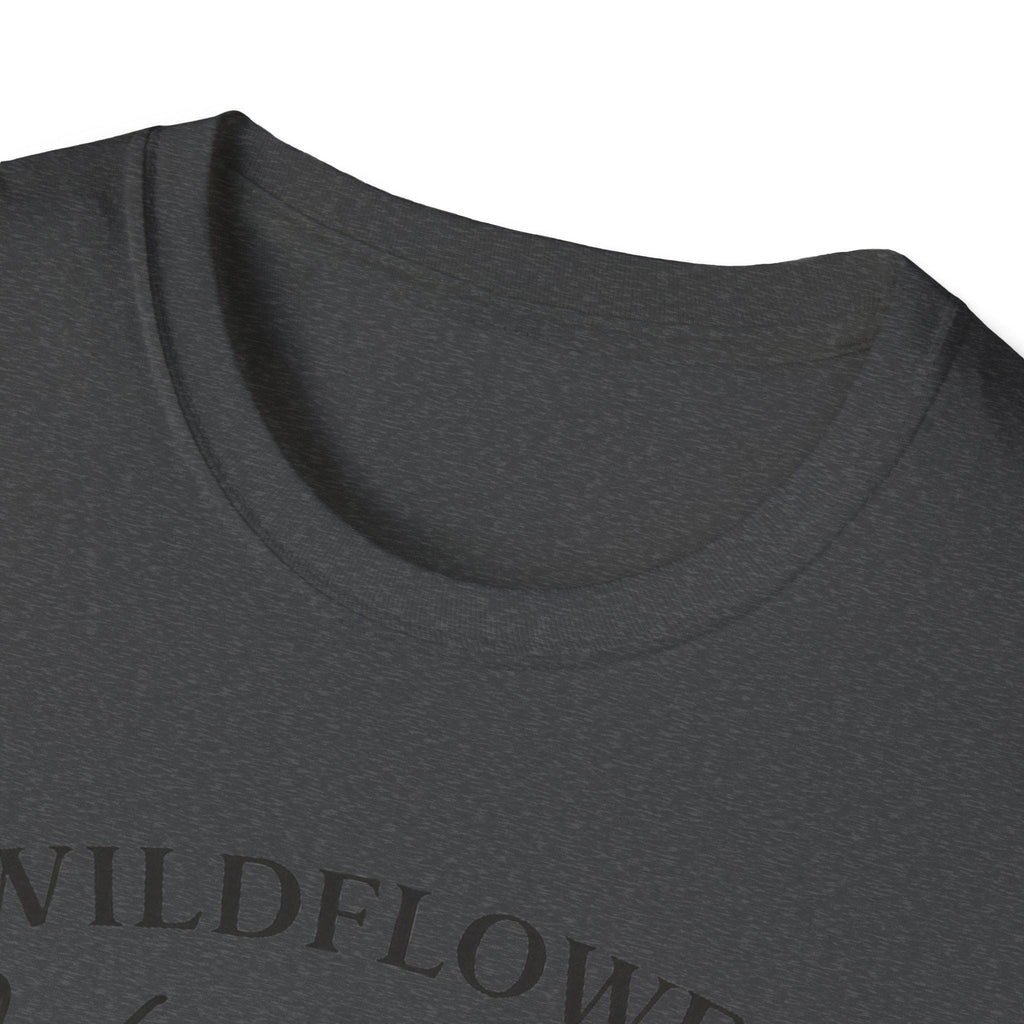 A close-up of the dark gray t-shirt's neckline and shoulder, showing the fabric texture.