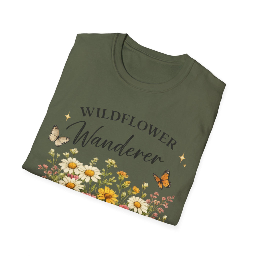 A folded dark green t-shirt with a graphic of colorful wildflowers and butterflies, with the text "WILDFLOWER Wanderer" above.