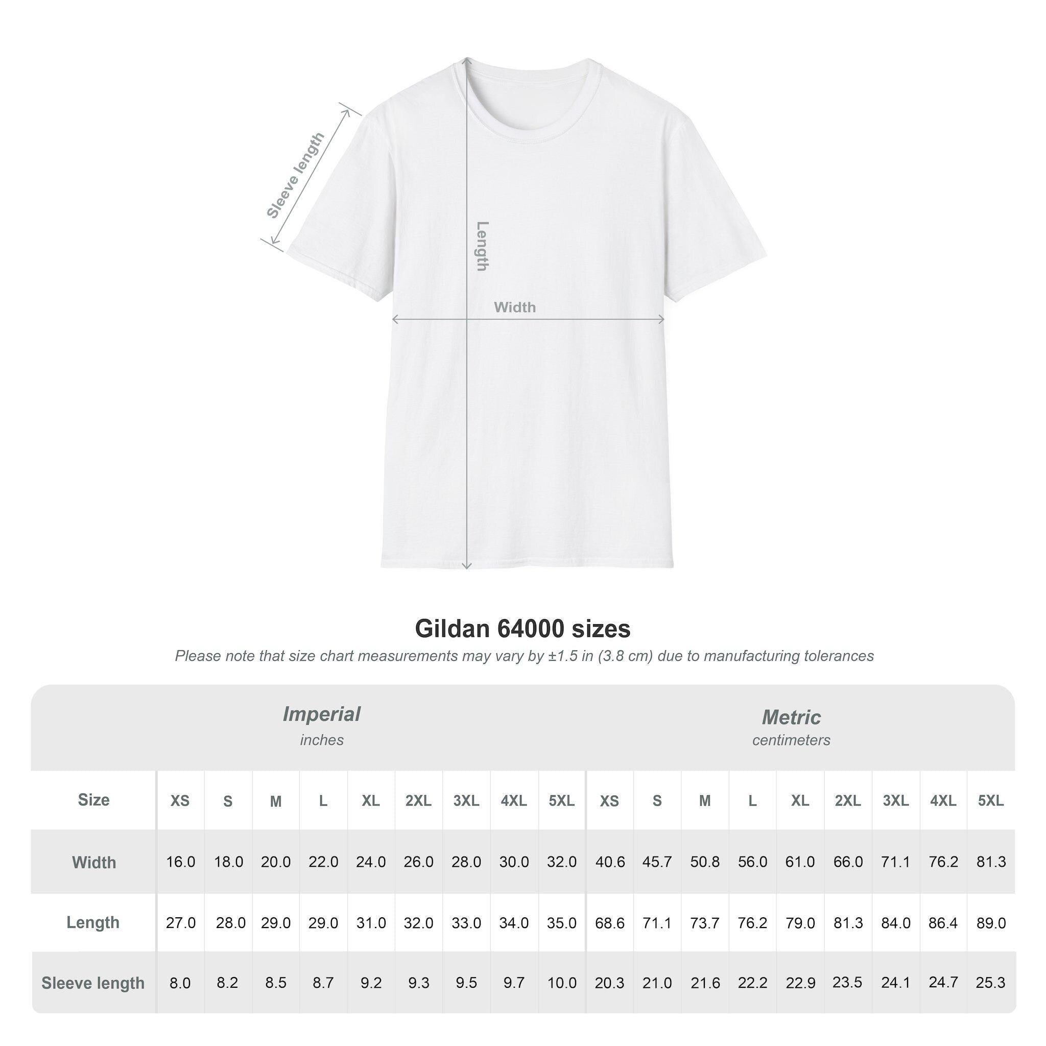 A Gildan 64000 t-shirt size chart in imperial and metric measurements, showing width, length, and sleeve length for sizes XS to 5XL.