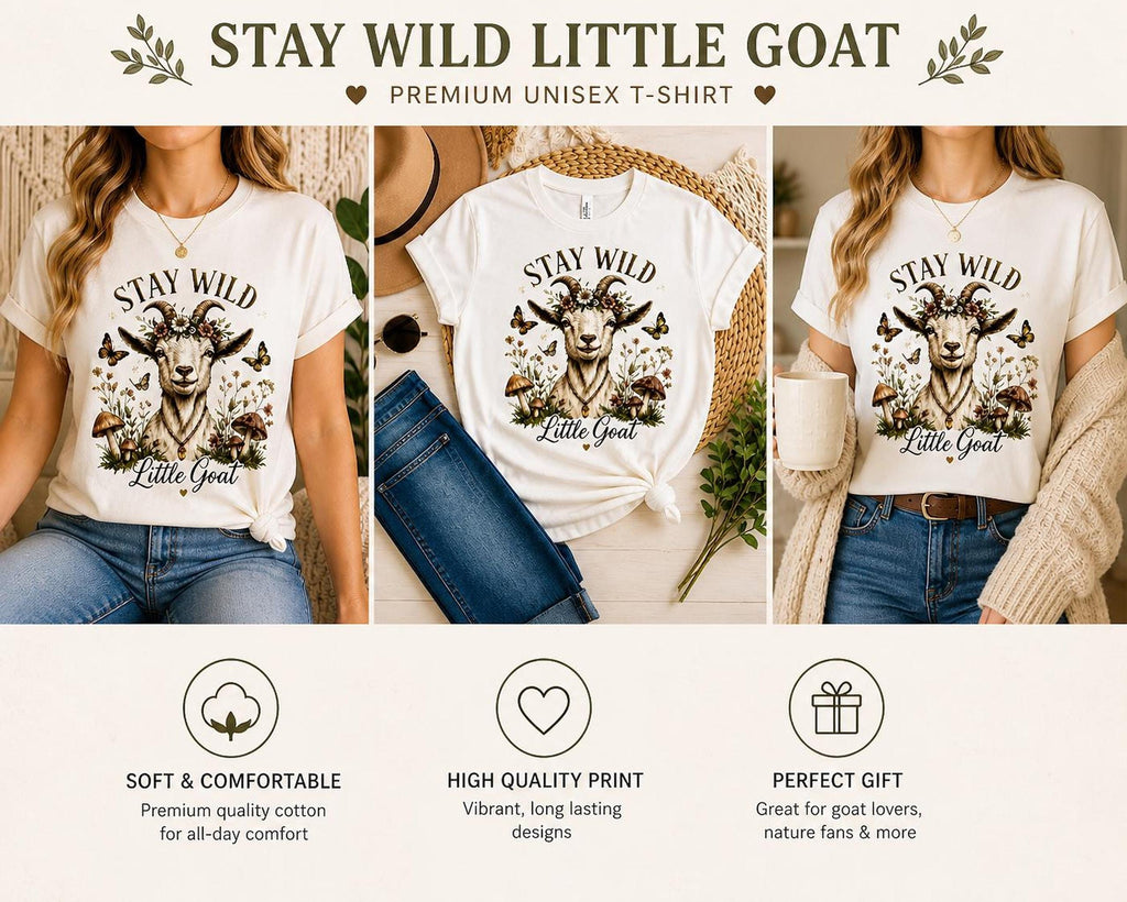 Goat T-Shirt Stay Wild Floral, Cute Goat Tee, Farm Animal Shirt, Cottagecore Goat Gift, Boho Farmhouse Womens Graphic Tee