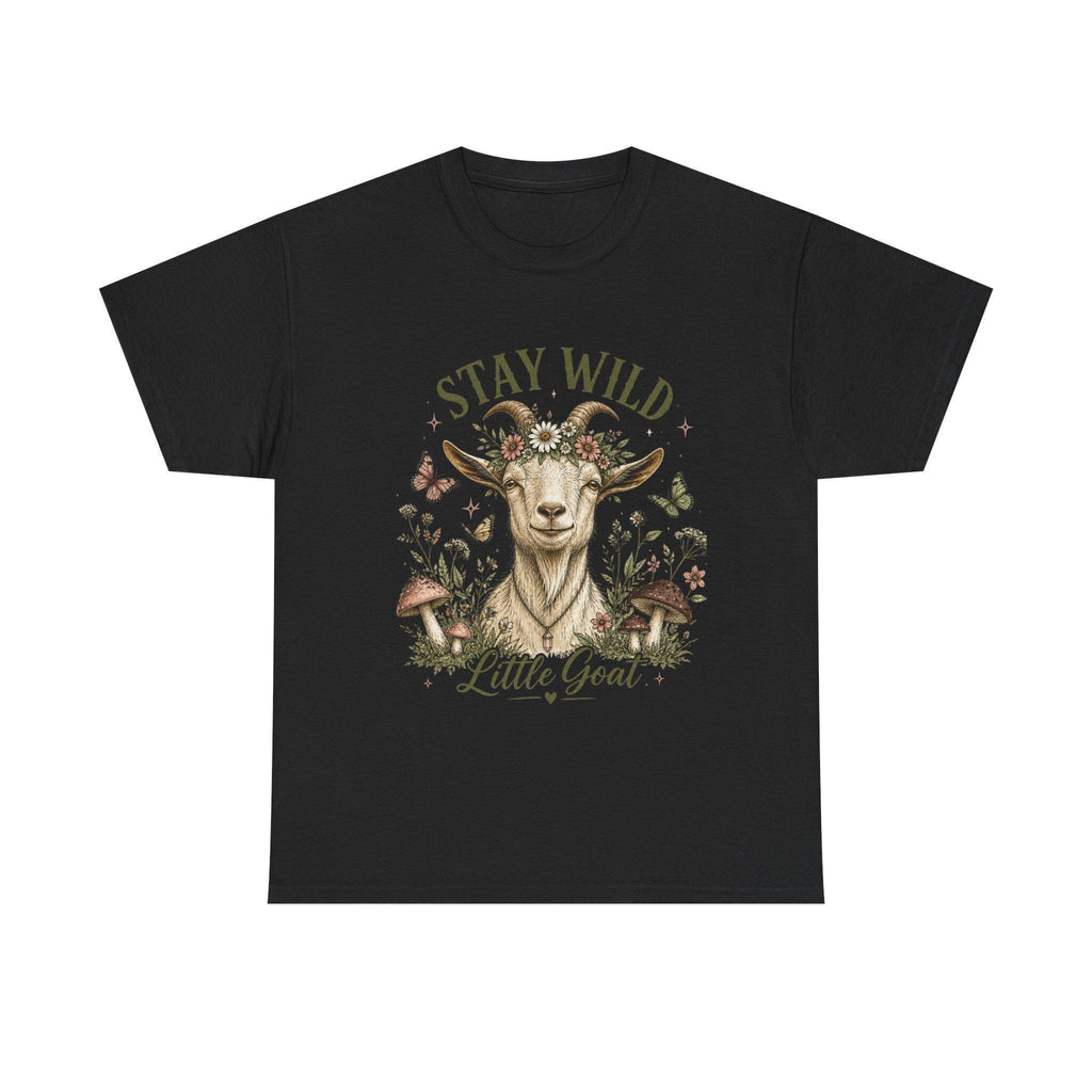 A black t-shirt with a graphic of a goat wearing a floral crown, surrounded by mushrooms and butterflies, with the text "Stay Wild Little Goat."