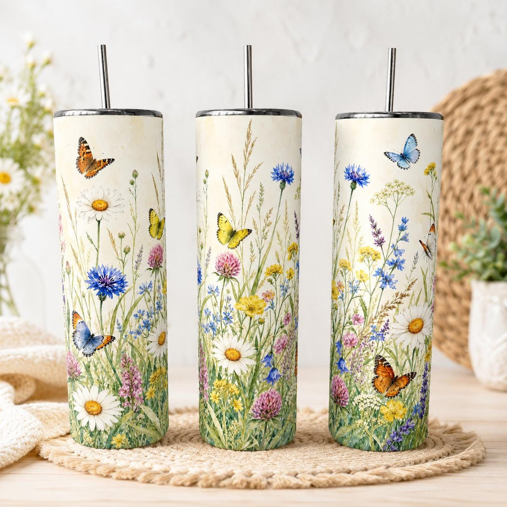 Wildflower Butterfly Tumbler 20oz Skinny, Floral Cottagecore Cup, Gift for Mom, Gift for Her, Nature Lover