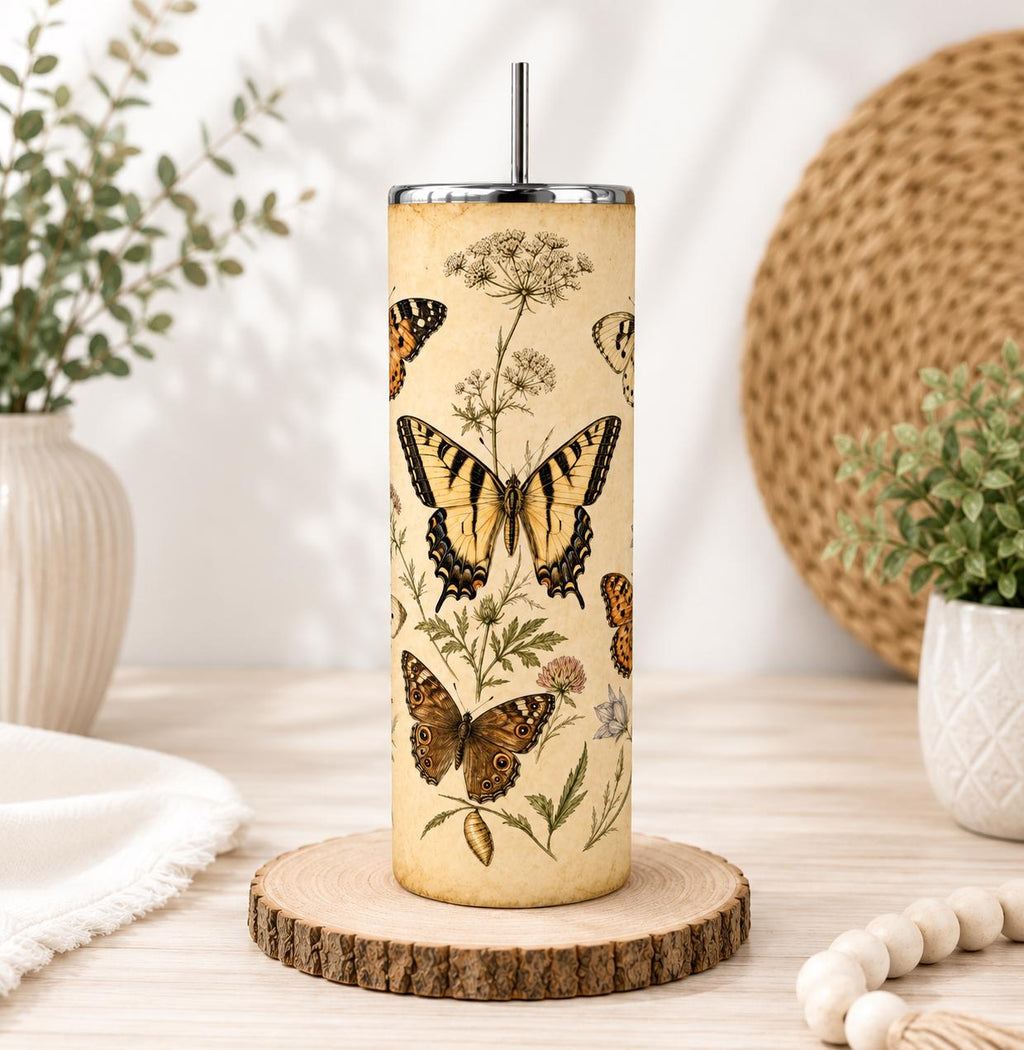 Vintage Butterfly Tumbler 20oz Skinny, Botanical Herbarium Cup, Cottagecore Dark Academia Travel Mug, Nature Lover Gift, Gift for Her, Mom