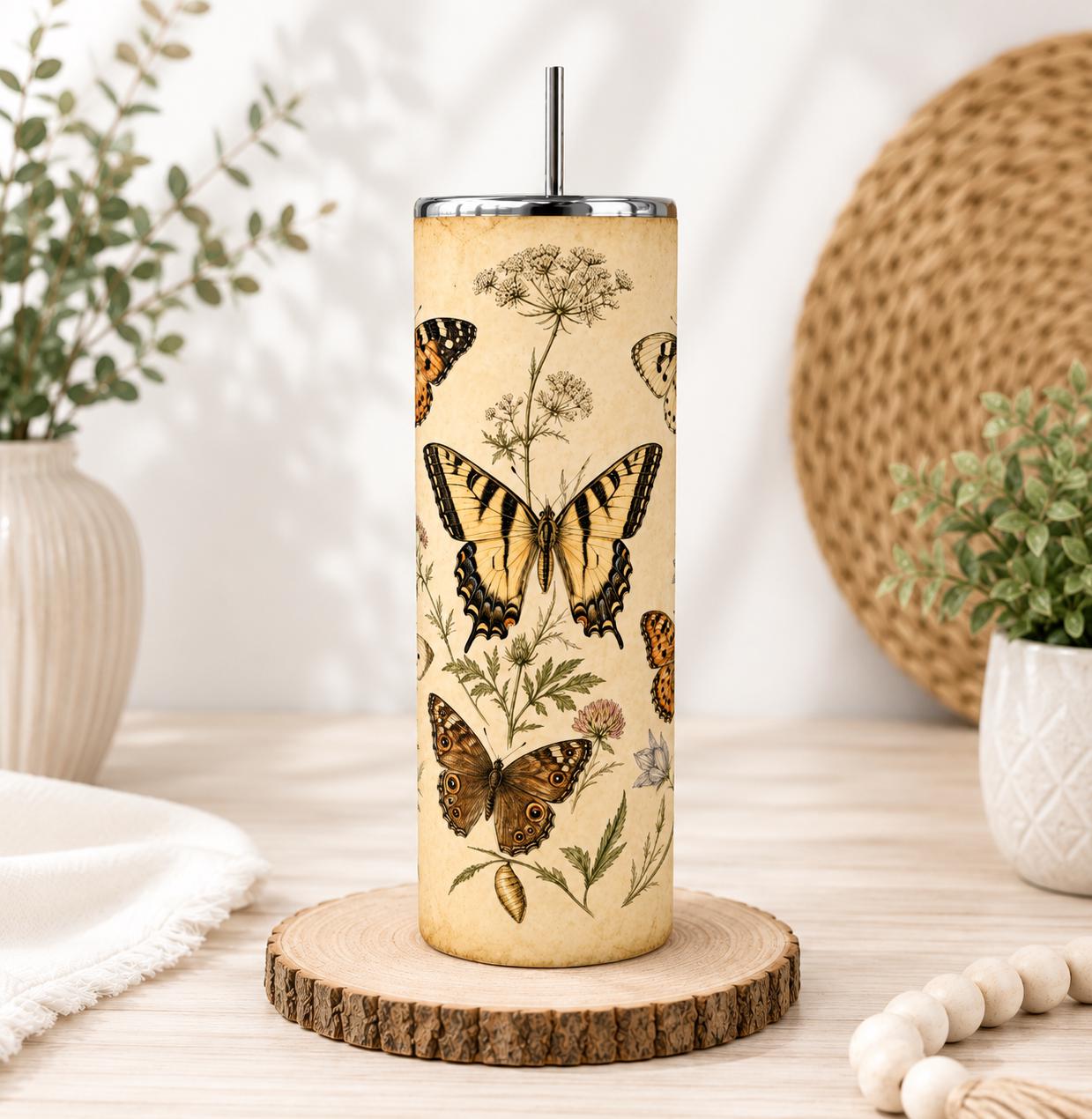 Vintage Butterfly Tumbler 20oz Skinny, Botanical Herbarium Cup, Cottagecore Dark Academia Travel Mug, Nature Lover Gift, Gift for Her, Mom