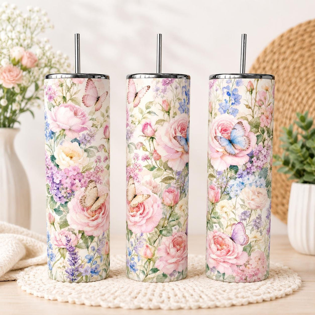 Pink Roses Butterfly Tumbler, Coquette 20oz Skinny Tumbler, Watercolor Floral Cup, Cottagecore Gift for Her, Bridesmaid Mother's Day Gift