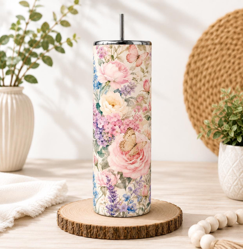 Pink Roses Butterfly Tumbler, Coquette 20oz Skinny Tumbler, Watercolor Floral Cup, Cottagecore Gift for Her, Bridesmaid Mother's Day Gift